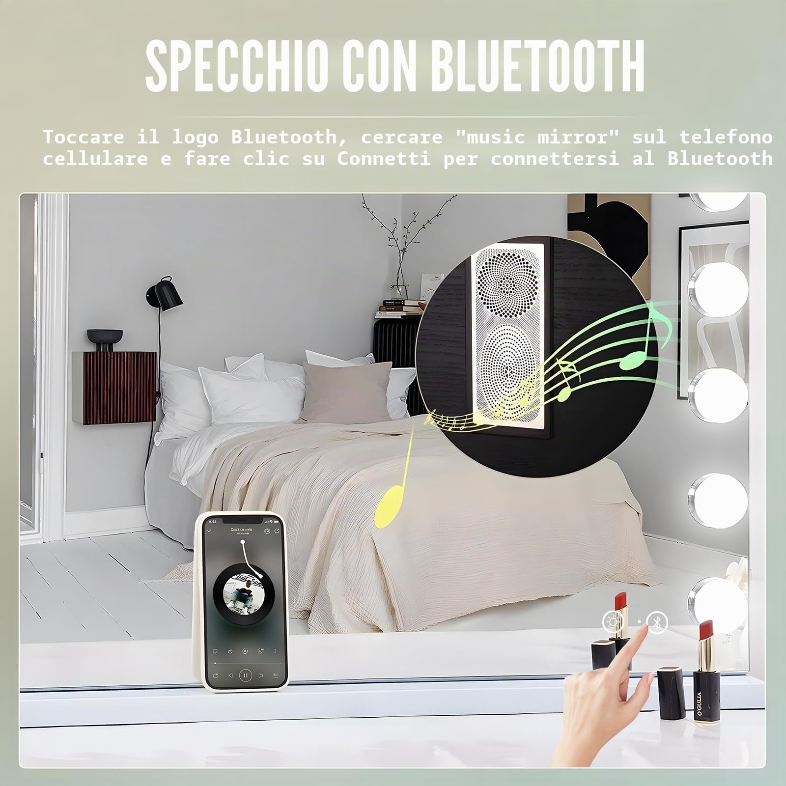 Hansong Hollywood - Specchio da 80 x 60 cm, con illuminazione e Bluetooth, 18 luci LED, 3 modalità a colori, specchio dimmerabile