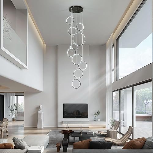 Miniatura 4 de OUKANING Candelabro moderno, regulable con control remoto, 10 anillos, luz colgante LED, altura ajustable, lámpara de techo colgante, para escalera,