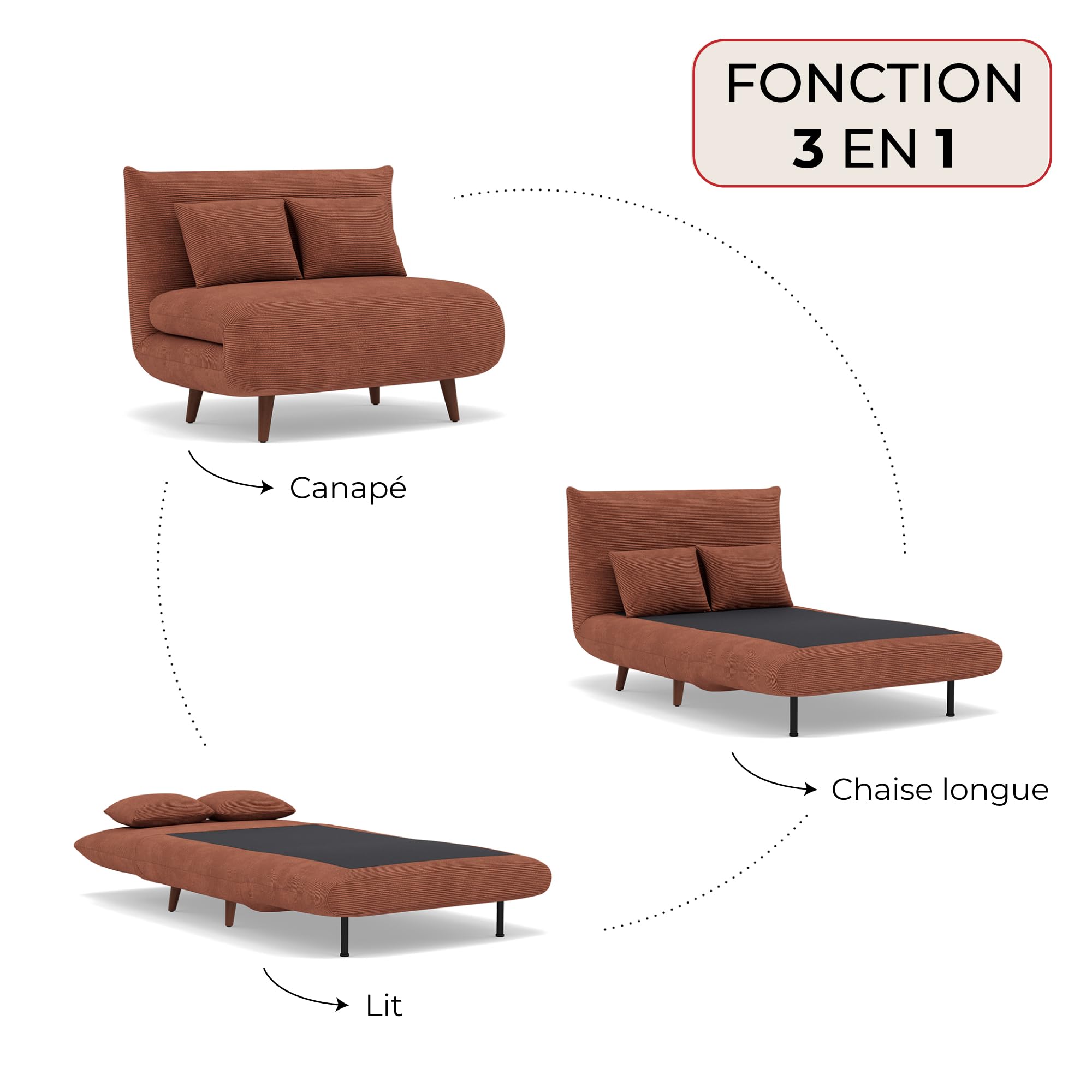 Bestmobilier Lumi Banquette Convertible clic clac 1 Place - Velours côtelé | Terracotta, couchage quotidien, petit canapé convertible design pour salon, chambre ou studio