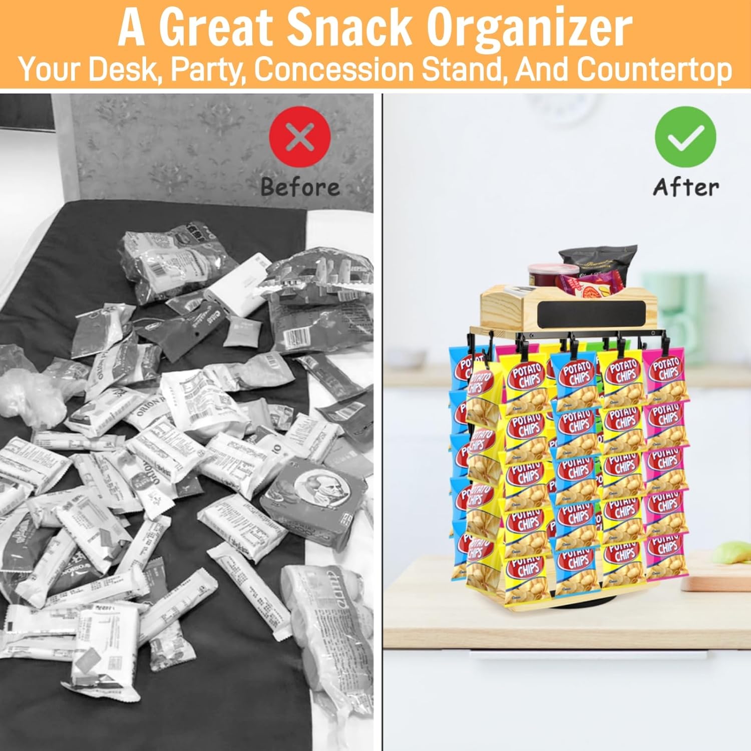 Chip Rack Display Stand, 360° Rotating Base Chip Bag Holder with Message Board, 2 Tier 48 Clips Counter Snack Organizer Candy Display for Party, Retail, Concession Stand, Store