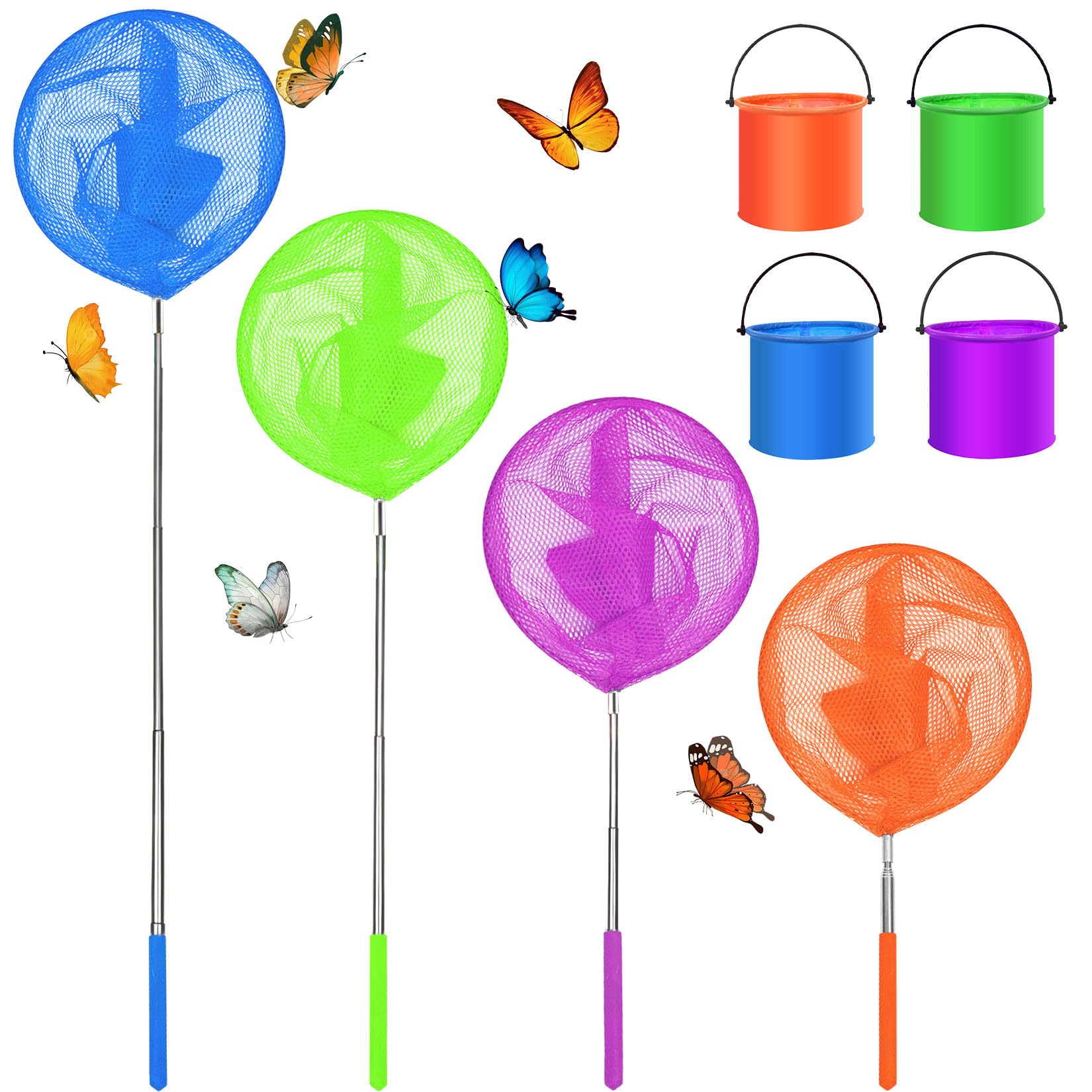 Épuisette télescopique - Lot de 4 épuisettes et 4 seaux pliables - Filet à papillons - Pour la pêche et l'extérieur