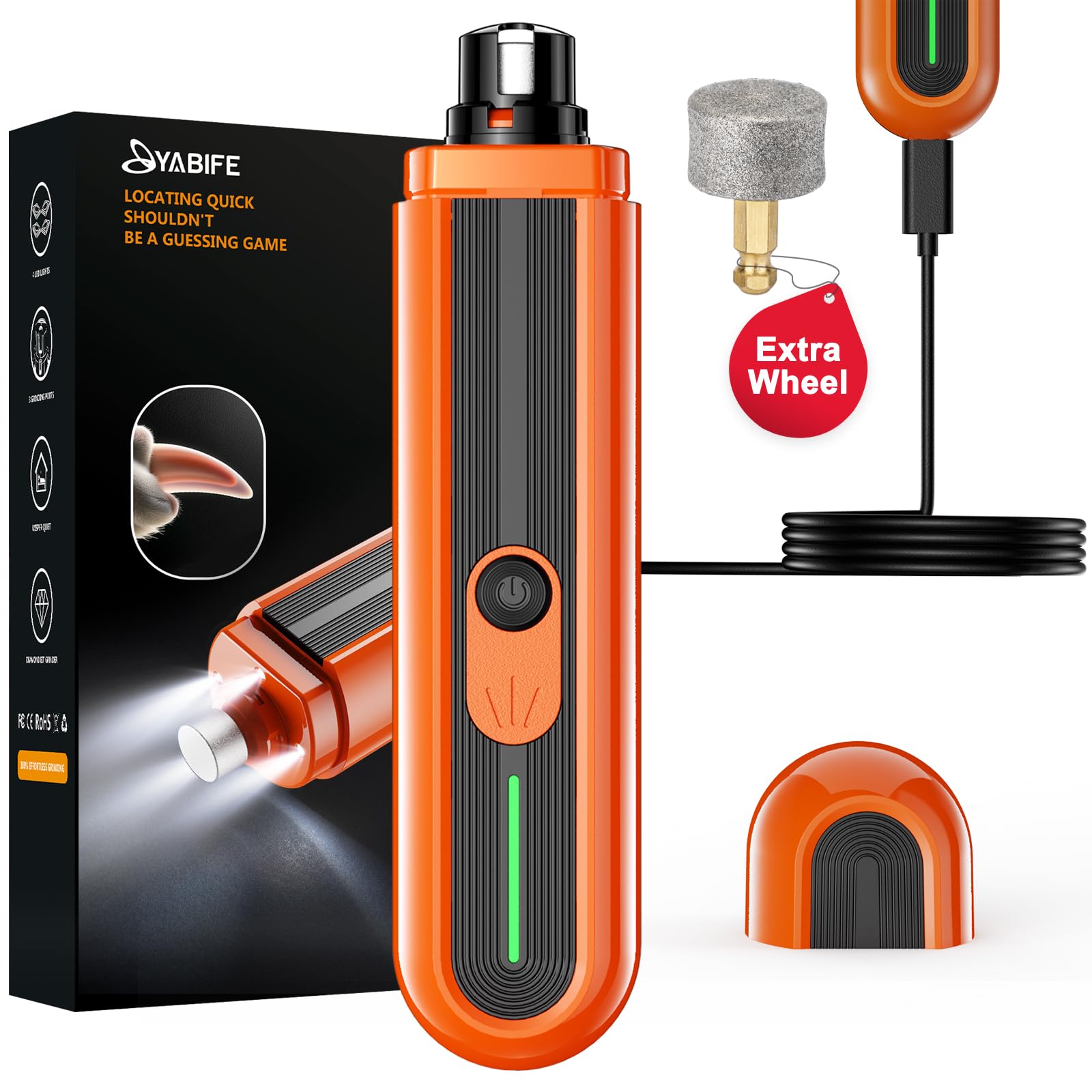 YABIFE 4-Lights Dog Nail Grinder, Easy Quick Locate Dog Nail Trimmers, for Puppy Paw Toenails or Pets from Small, Medium to Large, with Travel Lock,