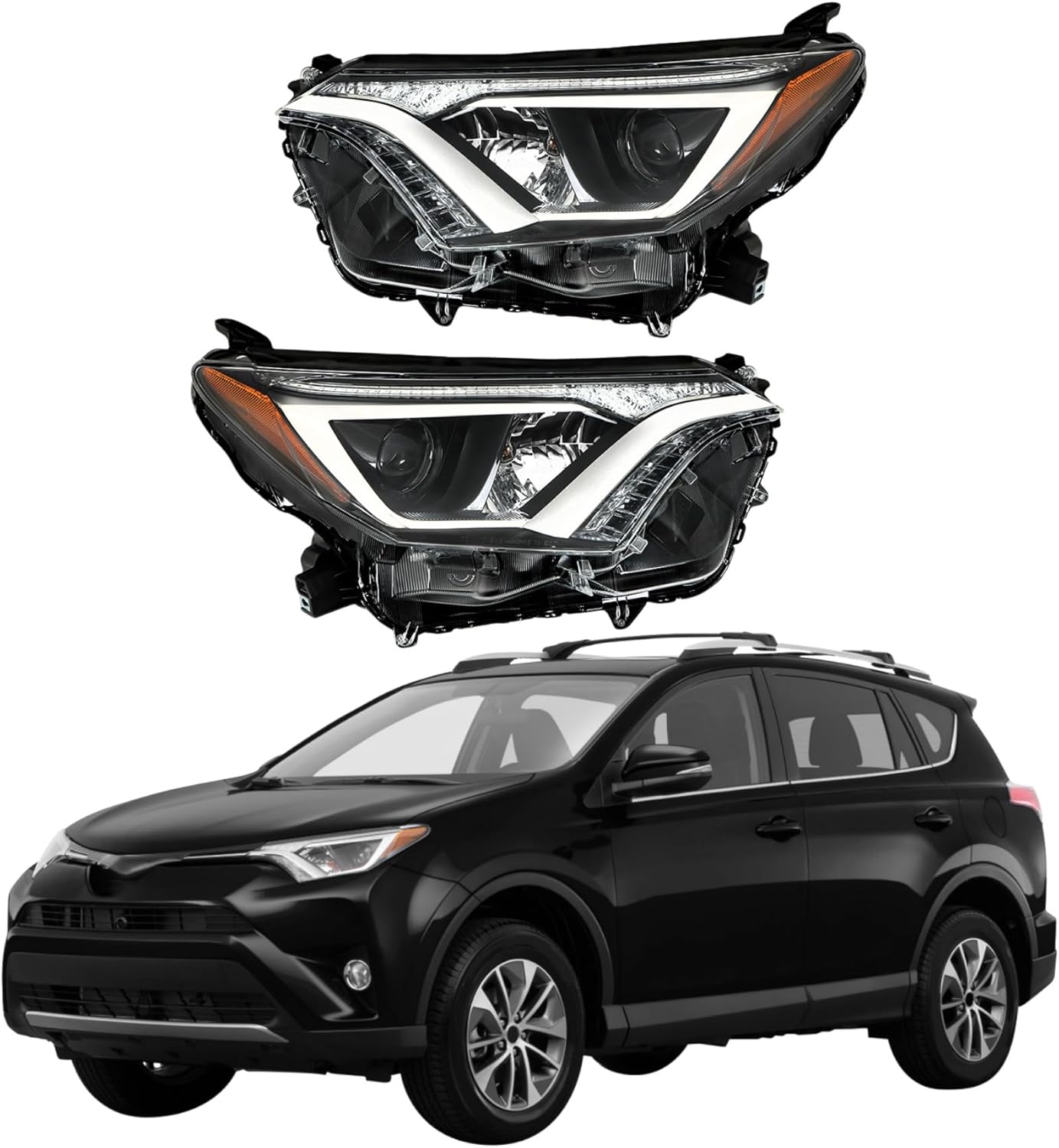 WFLNHB Headlight Assembly Compatible Replacement for Toyota Rav4 2016-2018 Projector Headlamp Black Housing Amber Reflector for Both Driver and Passenger Side