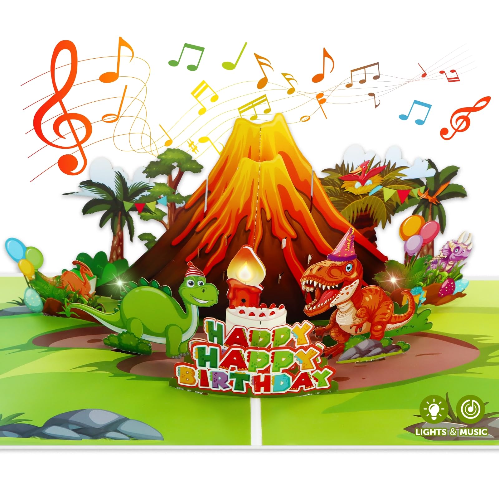 D4DREAM Cartes d'anniversaire musicales dinosaures pour enfants – Bougie soufflante musique et lumière 3D Pop Up Carte de vœux d'anniversaire avec enveloppe, insert vierge – Cadeau d'anniversaire sur