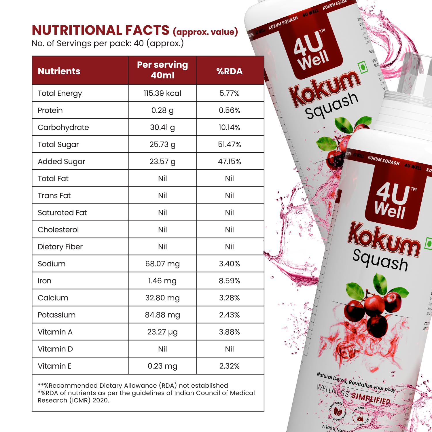 4UWell Kokum Squash 600ml (Pack of 2) | Natural Kokum Fruit Extract | Gut Health & Digestive Support Drink | Detox, Hydration & Refreshment | Body Cooling Summer Drink | Makes Refreshing Beverages — Amazon image 2
