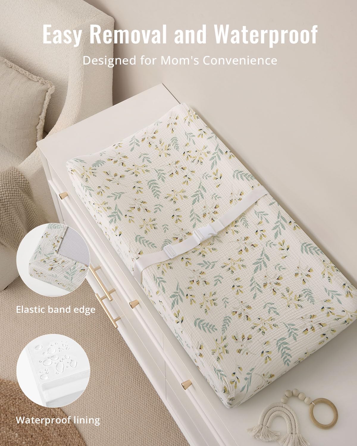 Blissful Diary Cambiador de muselina para bebé con forro de espuma impermeable, cambiador de pañales con funda para aparadores (Monstera, rectangular)