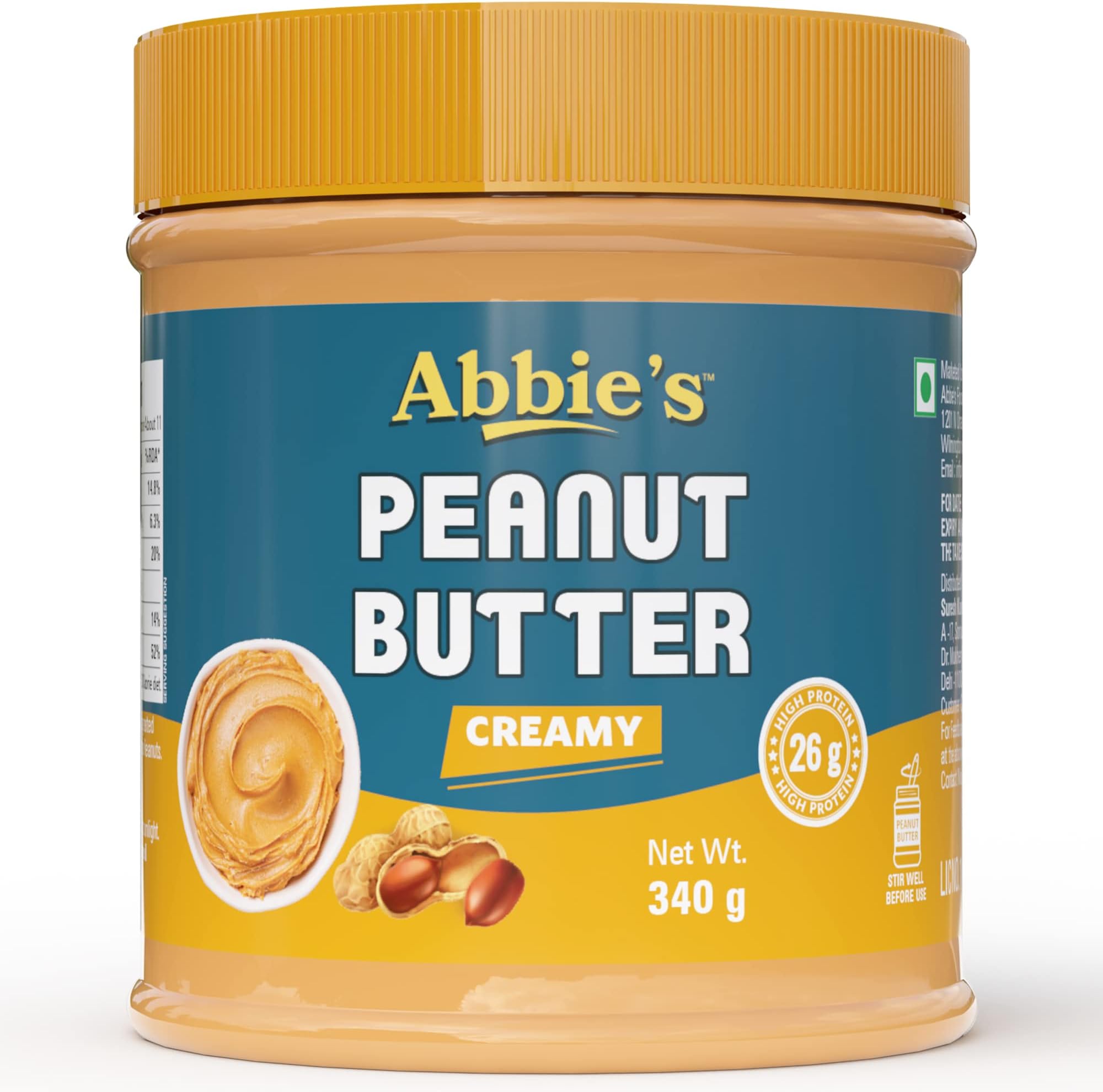 Abbie's Peanut Butter Creamy 340 grams | 26 grams Protein Per 100 grams | 100% Vegan | Zero Trans Fat | Zero Cholesterol | Good Source of Energy | Highly Nutritious |