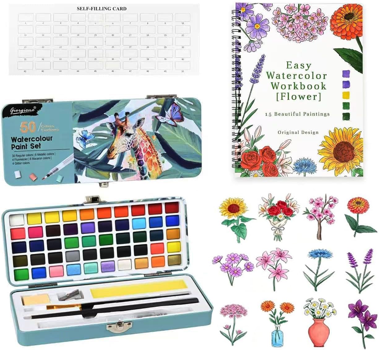 pobuu 50 Colors Watercolour Workbook for Beginners with Paint & Paper | Water Colour Paint Set with Palette & Brushes, Adult Colouring Book with 15 Beautiful Flower Patterns of Original DIY Designs