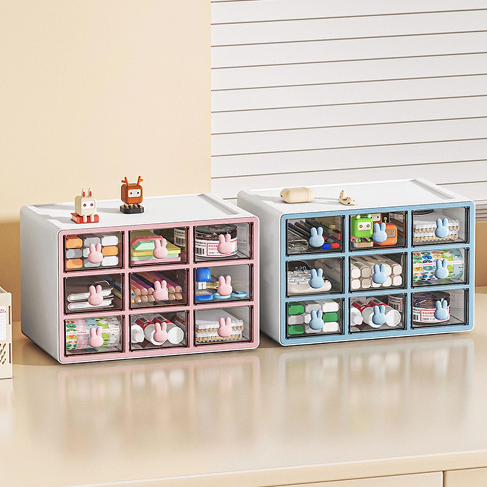 Caja De Almacenamiento Plástico con 9-Cajones, Clasificación Escritorio, Cajas Clasificación, Revista Piezas Pequeñas, Organizador Escritorio para Cosméticos, Joyas, Papelería,Rosado