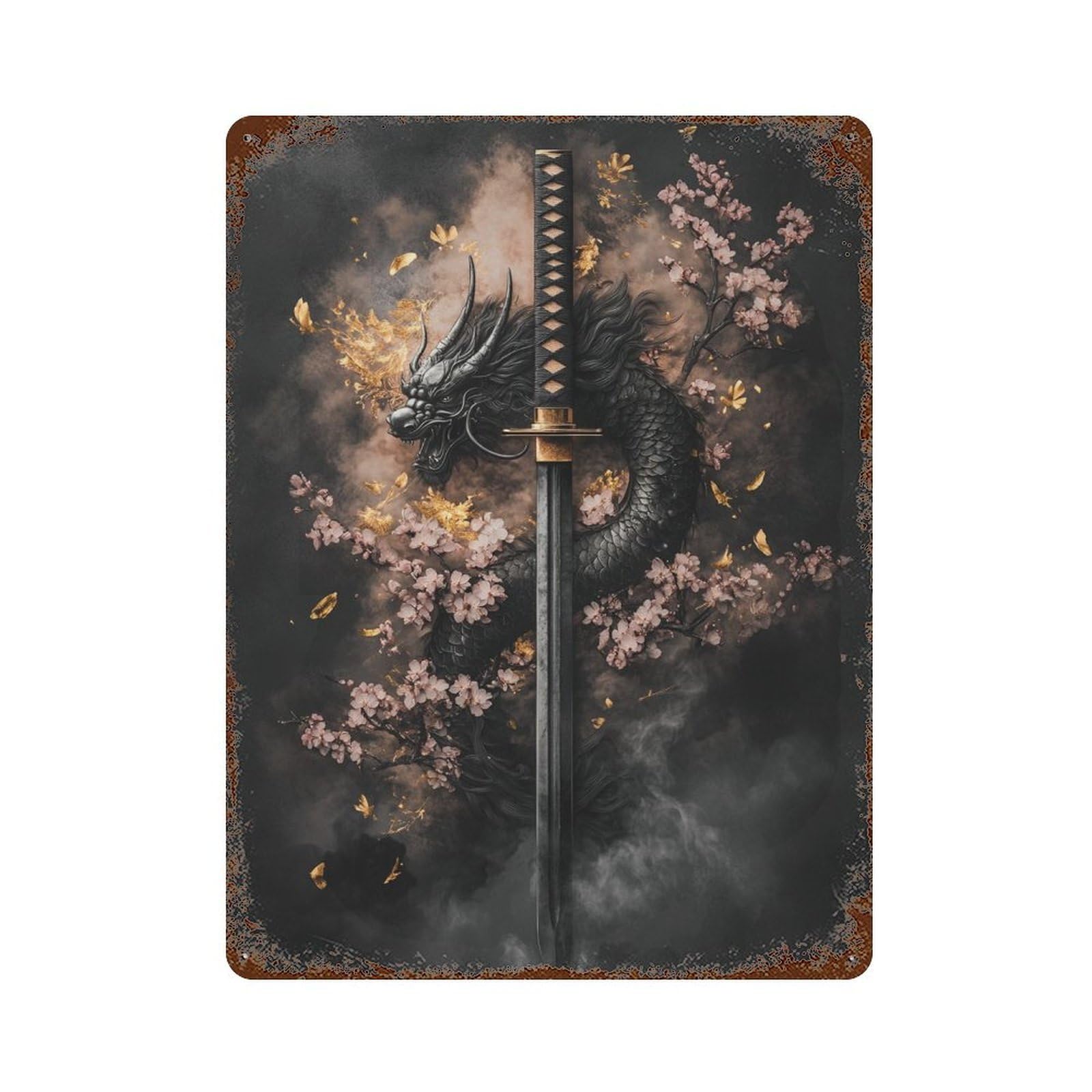 Garage Style Dragon Sword with Cherry Blossoms -4 Rustic Tin Plaque 15.7"x11.8", Vintage Wall Decor for Bar And Workshop