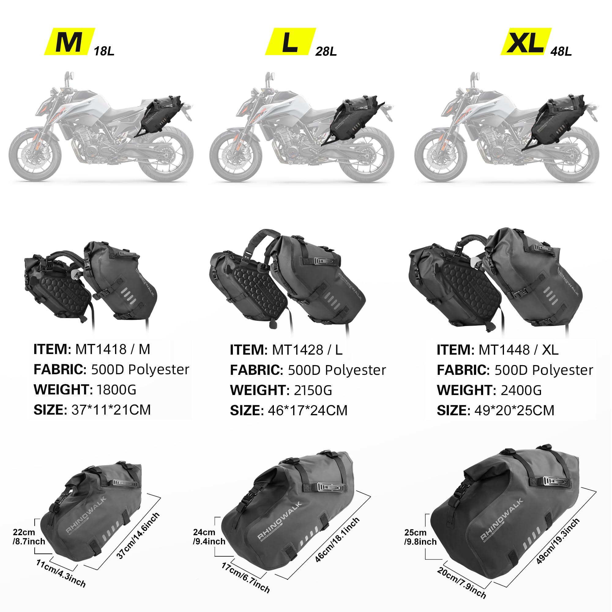 Rhinowalk Borse da sella moto impermeabili 48L, borse laterali (1 paio) | Morbido bagaglio laterale in PVC 500D, con fibbie regolabili, contenitore pieghevole, superficie facile da pulire