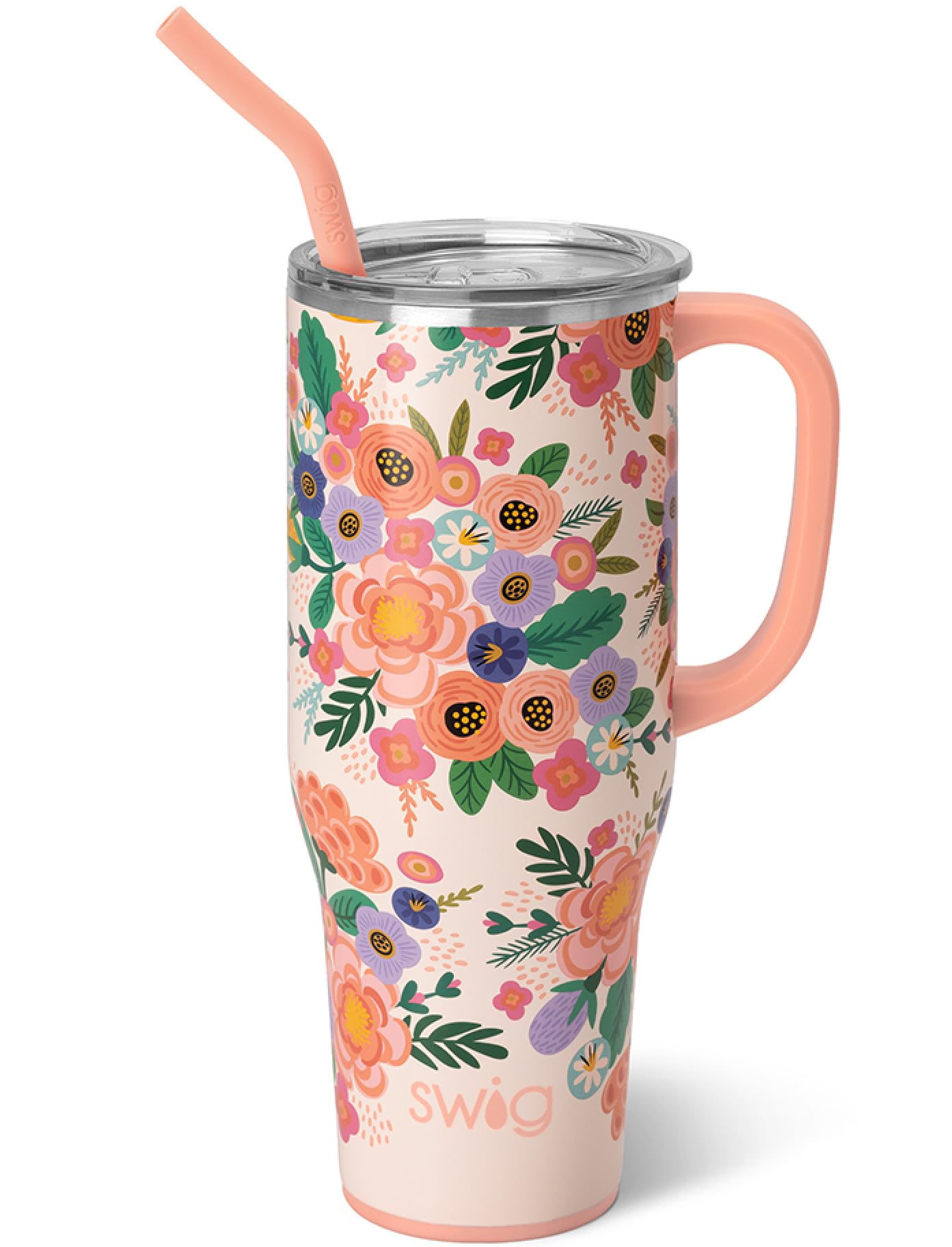 Swig Life 40oz Mega Mug, 40 oz Tumbler with Handle and Straw, Cup Holder Friendly, Dishwasher Safe, Lightweight Extra Large Insulated Tumbler, Stainless Steel (Full Bloom)