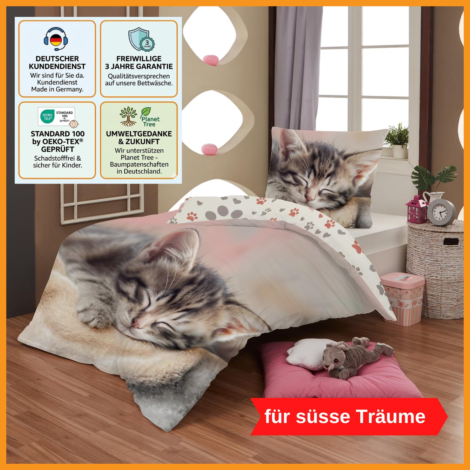 Aminata kids Bettwäsche 135x200 Katzen-Motiv Mädchen 100% Baumwolle