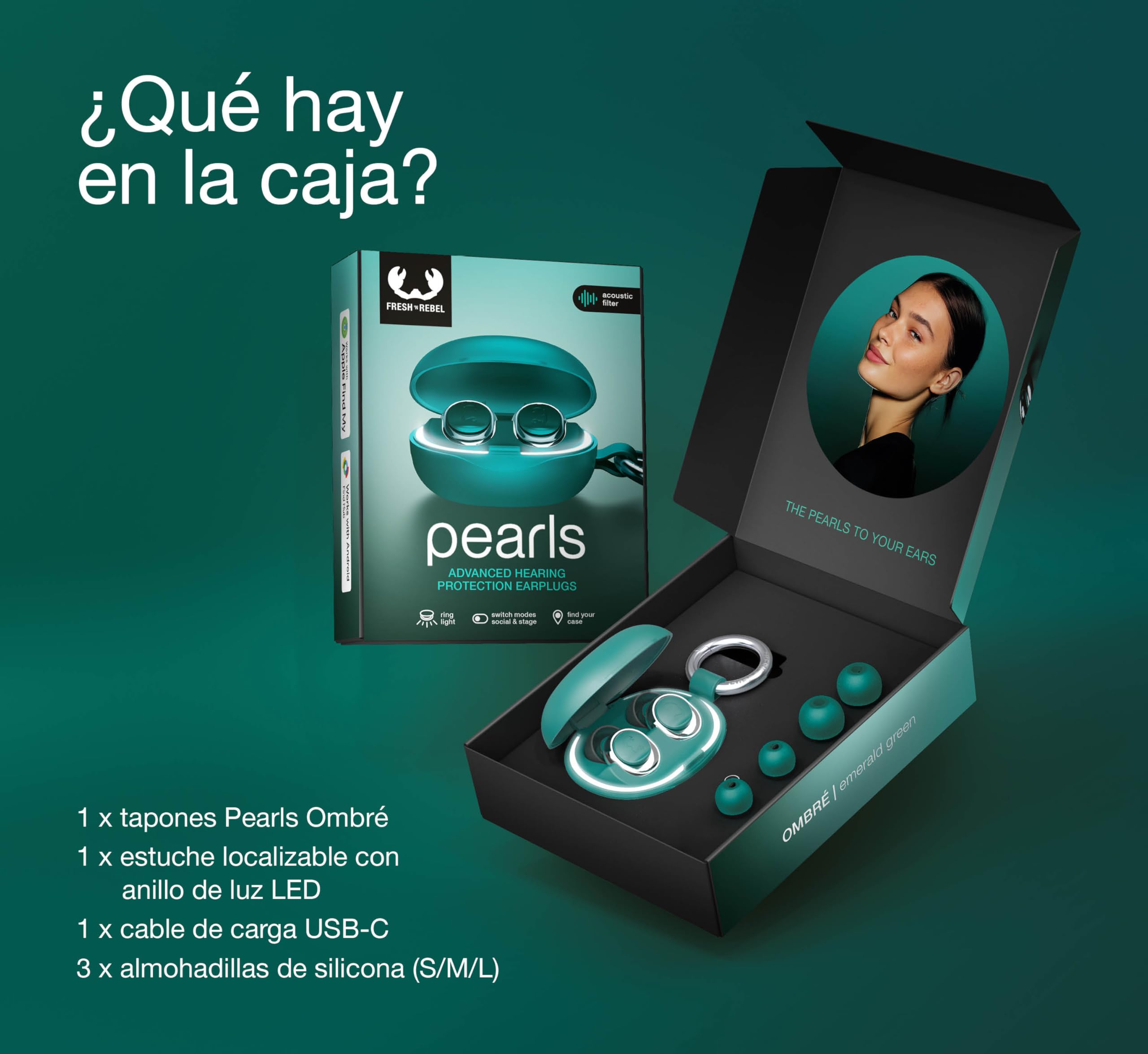 Pearls Ombré Tapones para Oídos para Conciertos con Modos Social & Stage (18 dB/23 dB), Protección Auditiva para Festivales y Clubs, Find My & Android Find Hub, Estuche Chrome LED (Emerald Green)