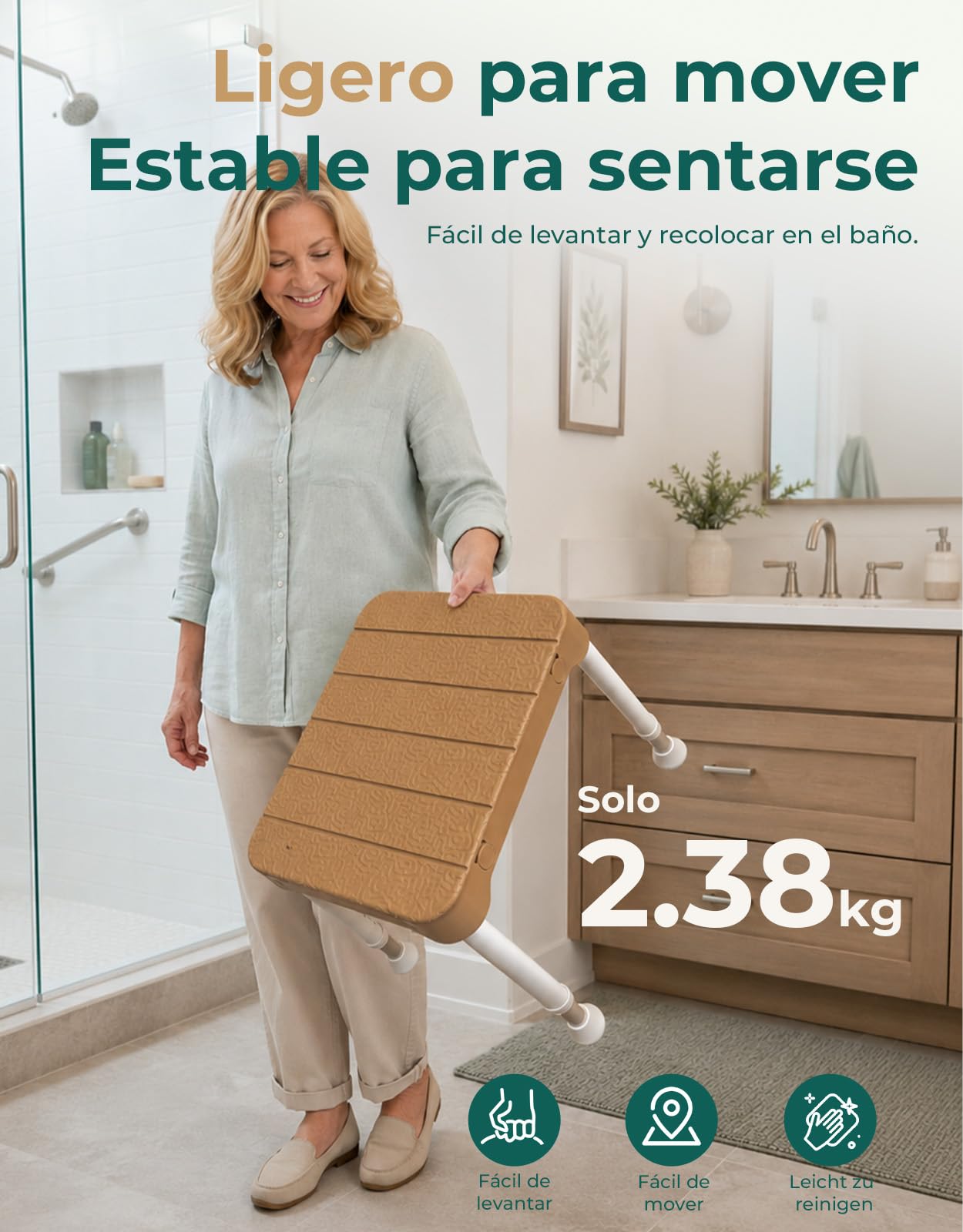 Taburete de Ducha Ligero, soporta 160 kg, Antideslizante, portátil, para Personas Mayores, marrón