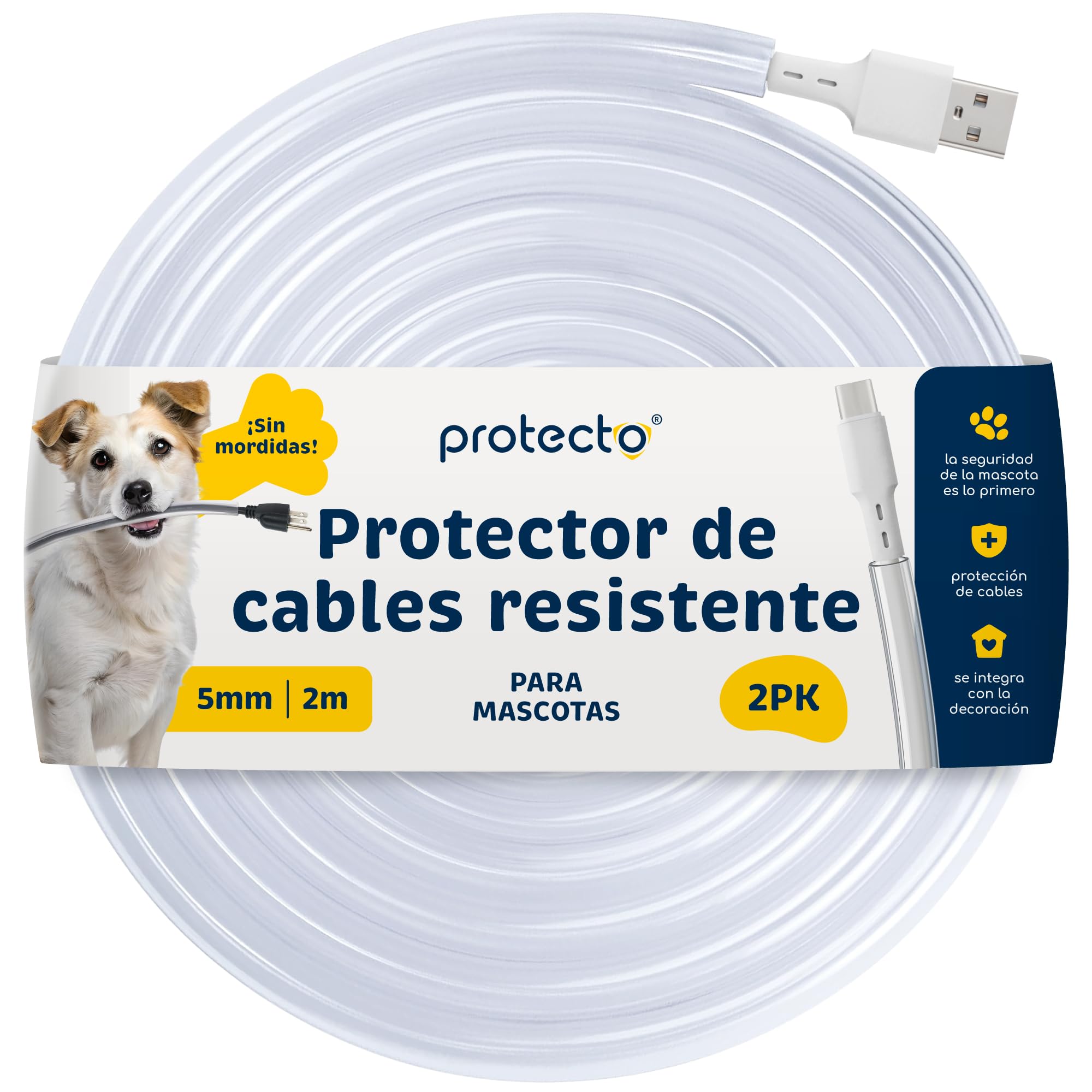 PROTECTO Pack de 2 Fundas Protectora de Cables para Mascotas – 2,15 m/Ø 5 mm – Ultra Resistente, Transparente, Flexible, Inodora, Anti-Mordeduras – para Cables Eléctricos, USB, Lightning, RCA y HDMI