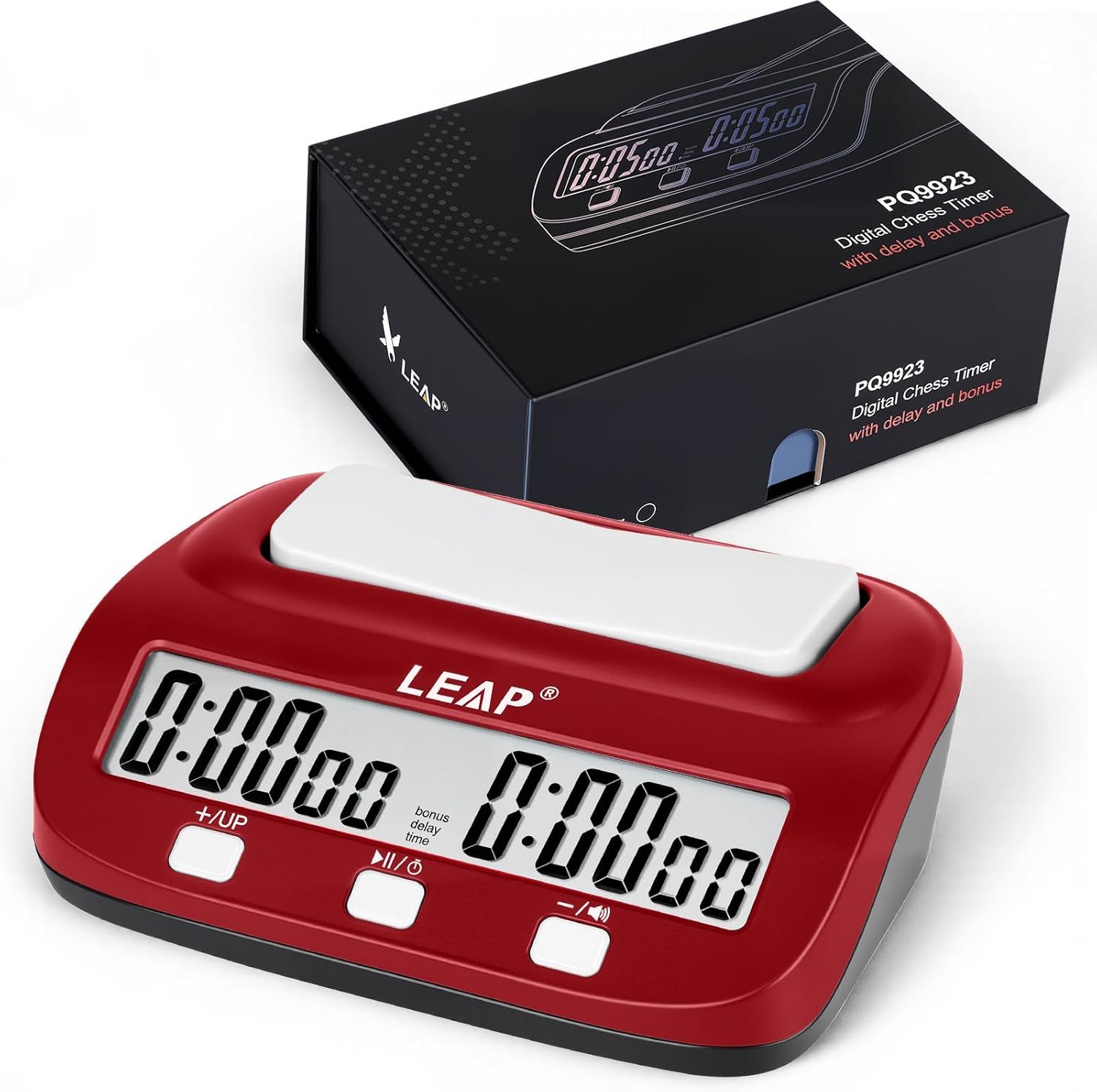 Profesional de temporizador de ajedrez digital de ajedrez Leap Professional para juegos de mesa cuentan/Temporizante con alarma, bonificación y características de retraso, fácil de configurar (rojo/negro)