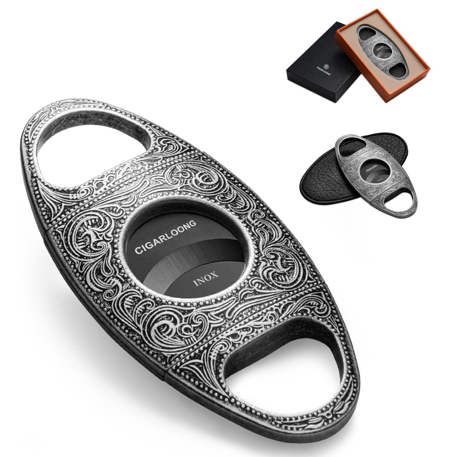 Cigarloong Silver1 Cigar Cutter Stainless Steel Bronze Engraved Double Cut Blade Cigar Cutter(Color : Gold1) (Black)