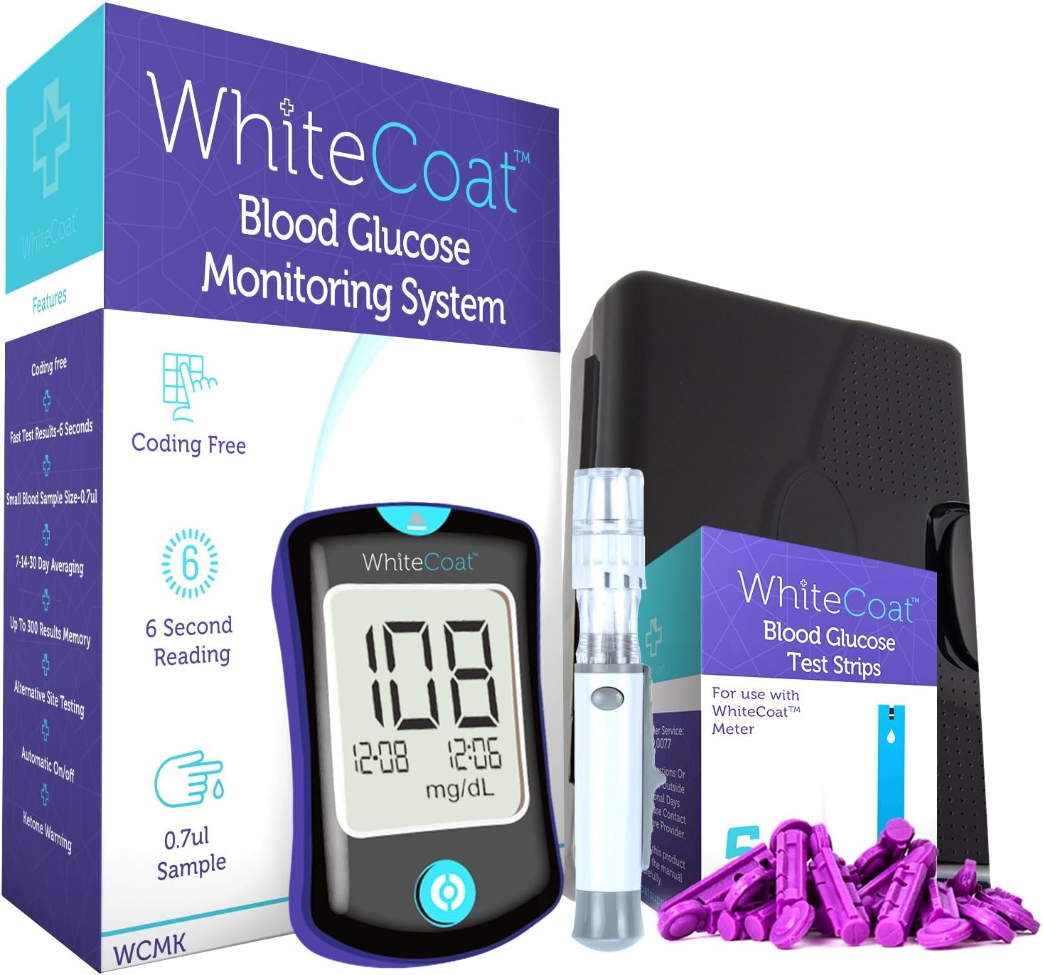 White Coat Diabetes Blood Glucose Testing Kit - Blood Glucose Meter, 50 Test Strips, Lancing Device, 10 Lancets, Protective Carrying Case