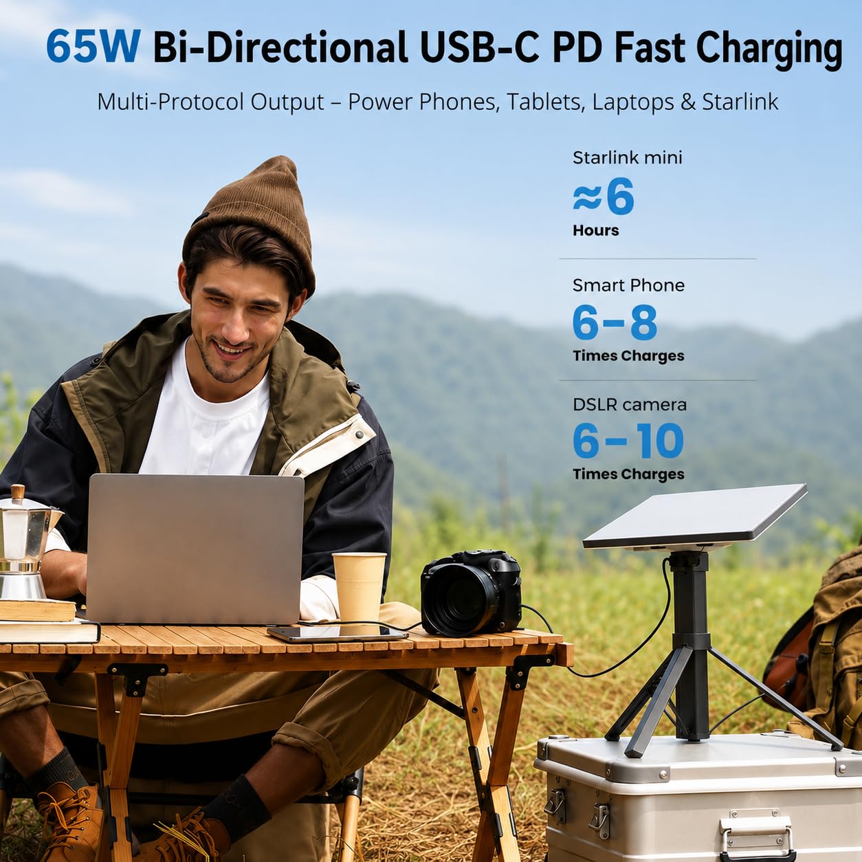 Elfcam - Solar Akku Set für Starlink Mini, 166,5Wh 45000mAh Powerbank mit faltbarem 40W Solarpanel, DC 30V Ausgang, USB-C PD 65W Mobile Stromversorgung für Camping, Wohnmobil, Van und Outdoor