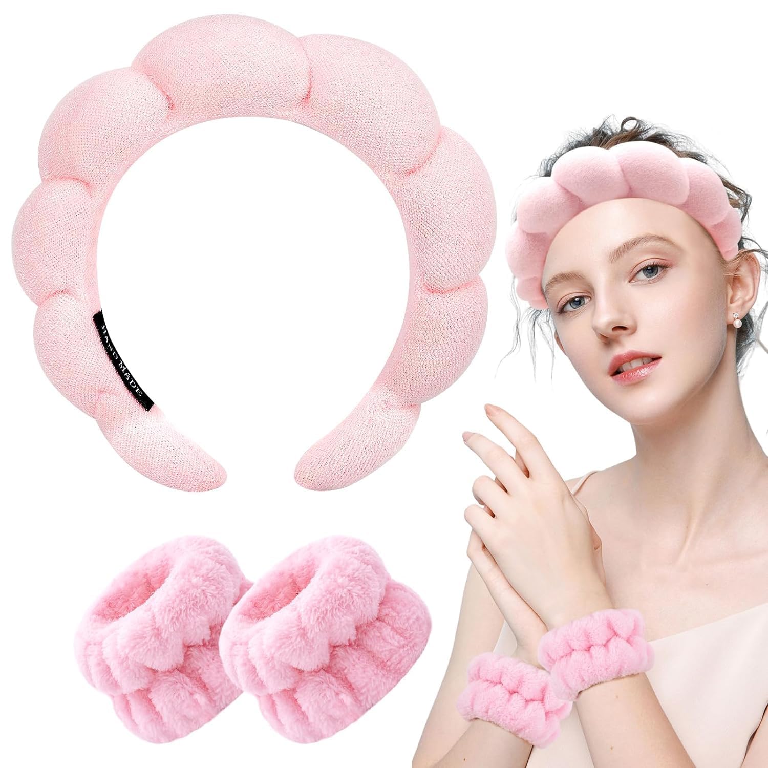 prokit.in Women's Spa Facial Care Set, Pink Plush Headband and Wristbands, 3 Piece Beauty Accessories for Makeup, Face Washing, Skincare-picture-58