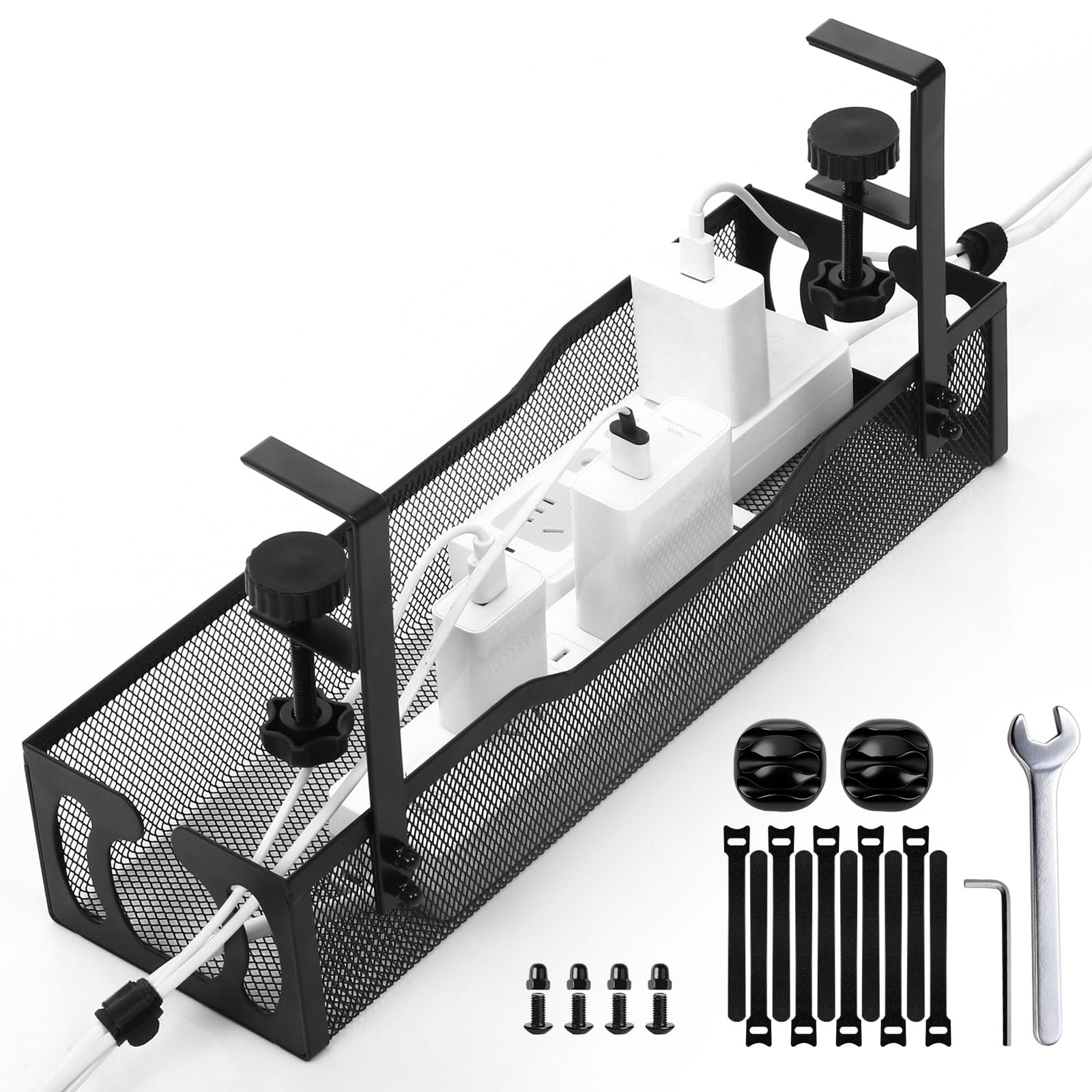 Under Desk Cable Management Tray, 40cm(15.7") No Drill Metal Mesh Cable Management Tray with Clamp Mount, Black Wire Management Tray for Home, Office, Kitchen