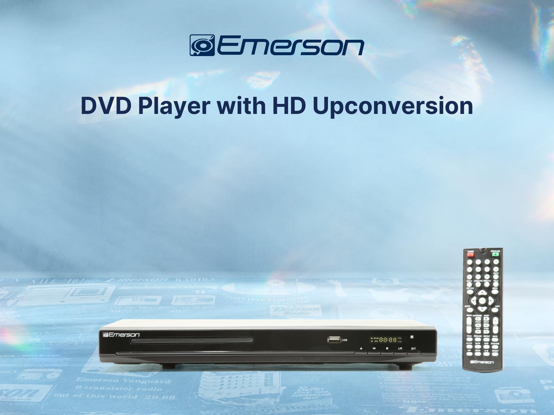 Emerson Reproductor de DVD ED-8000 con conversión HD, salida HDMI, reproducción USB, resolución de 1080p y sonido envolvente digital Dolby. Mejora tu colección de DVD con calidad de imagen de alta