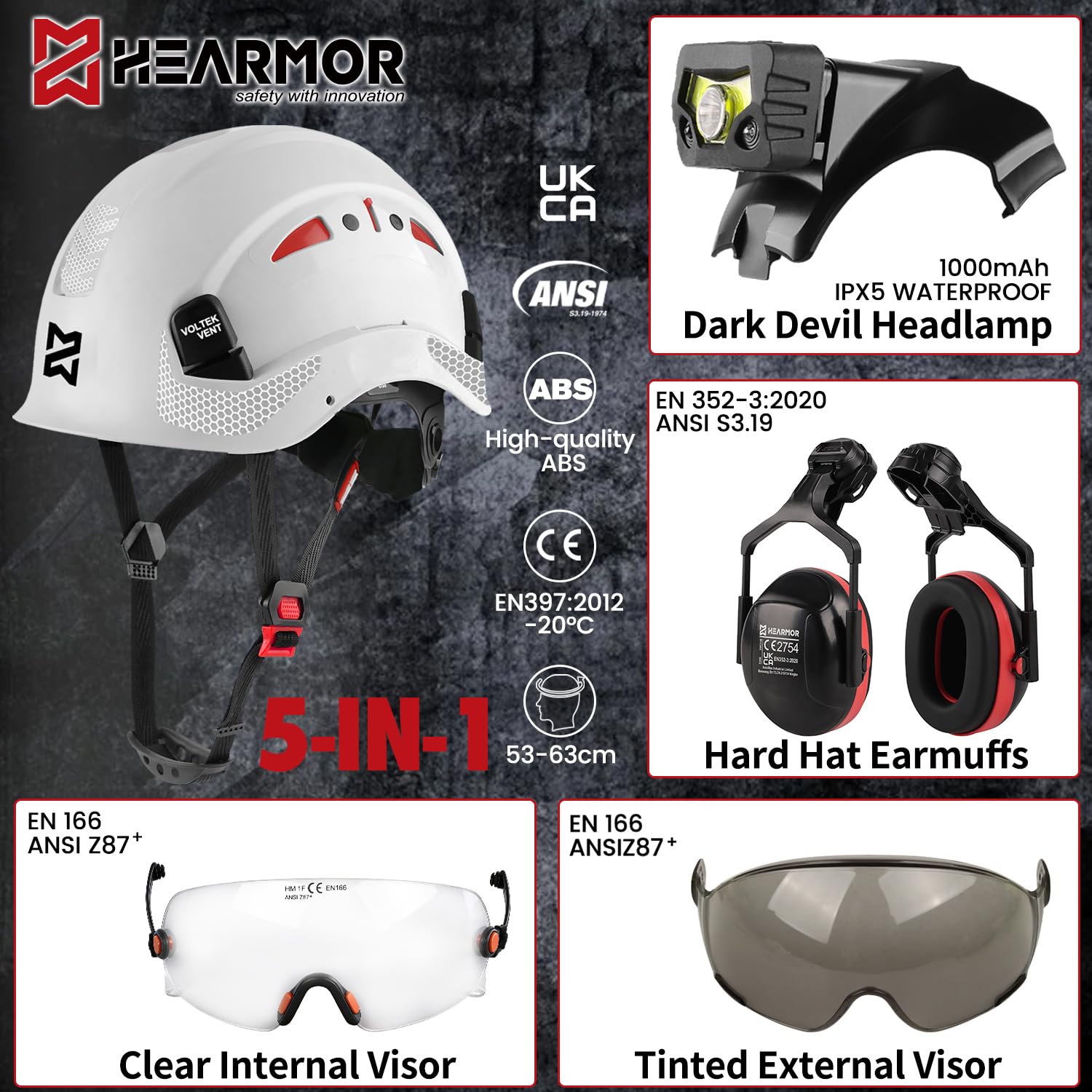 HEARMOR VOLTEK Casque de protection industriel certifié CE EN397 avec lampe frontale LED + visière et protection auditive | Pour travaux forestiers, travaux de construction et escalade | Casque de