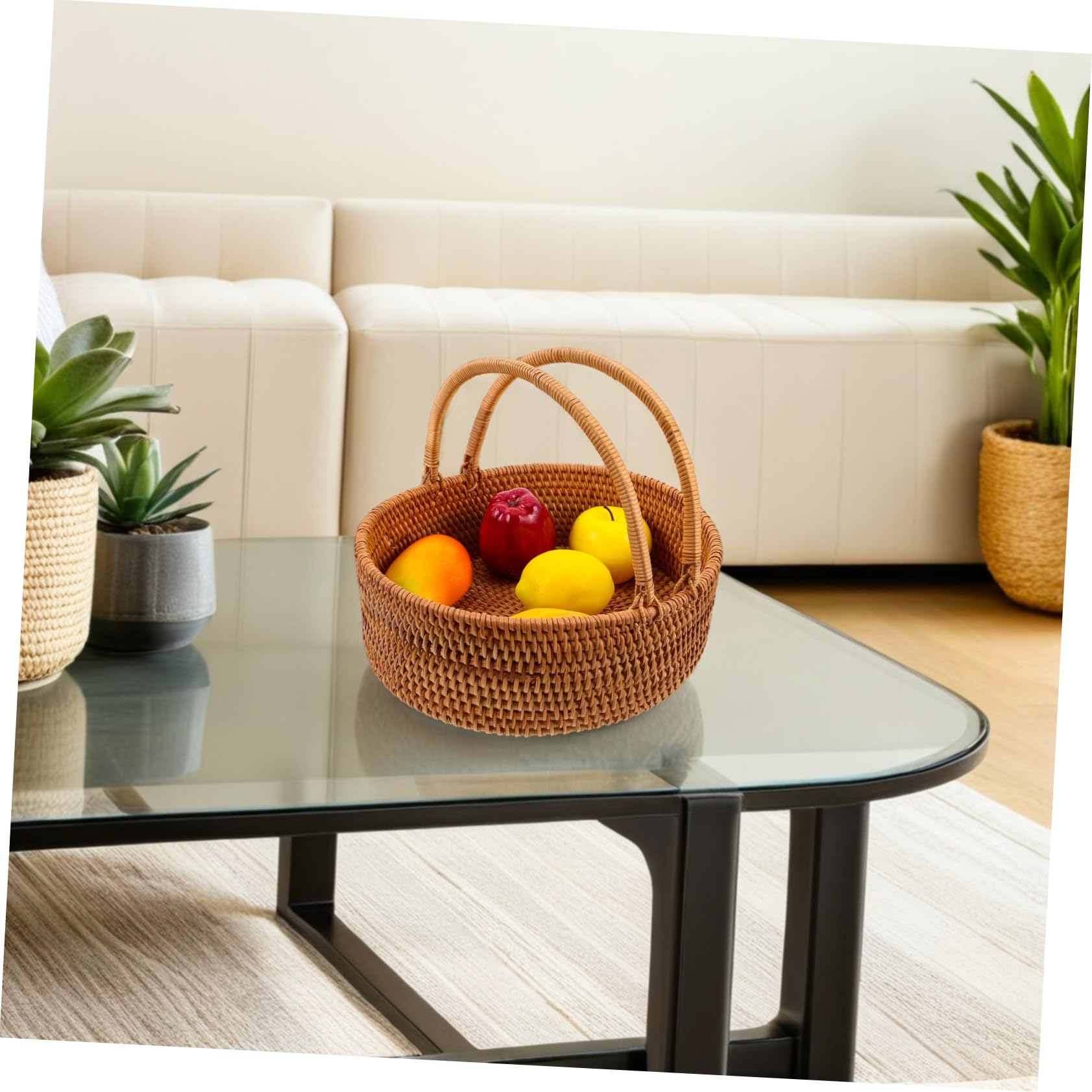 DOITOOL Cesta de Mimbre Trenzado Grande con Asa Cesta Portátil de Ratán para Picnic Almacenamiento Natural para Frutas Verduras y Dulces Organizador Multifuncional para Cocina y Exteriores