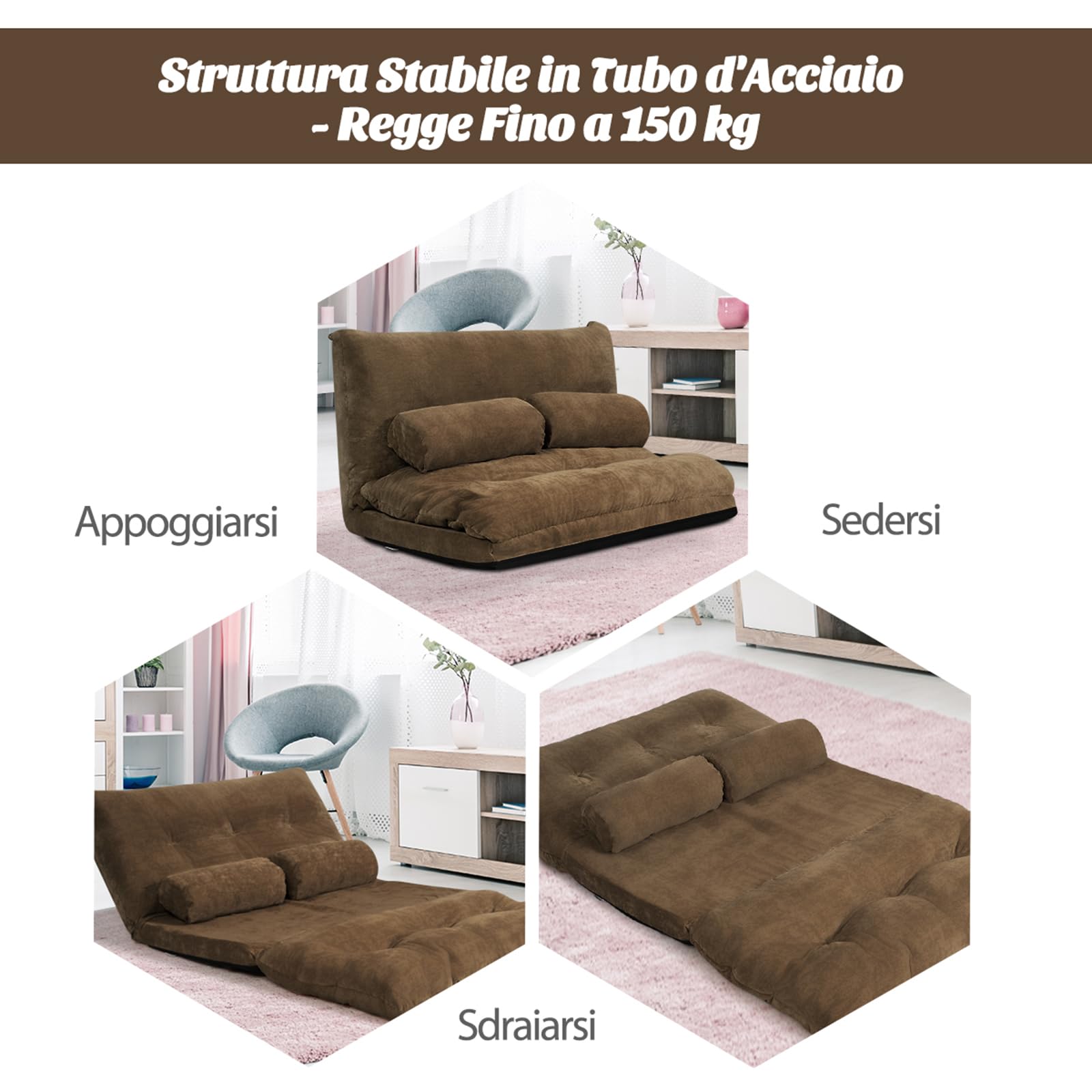 COSTWAY Divano da Terra, Divano Letto Multifunzionale Regolabile in 6 Posizioni con 2 Cuscini, con Fodera in Camoscio per Camera da Letto Salone Balcone (Caffè)
