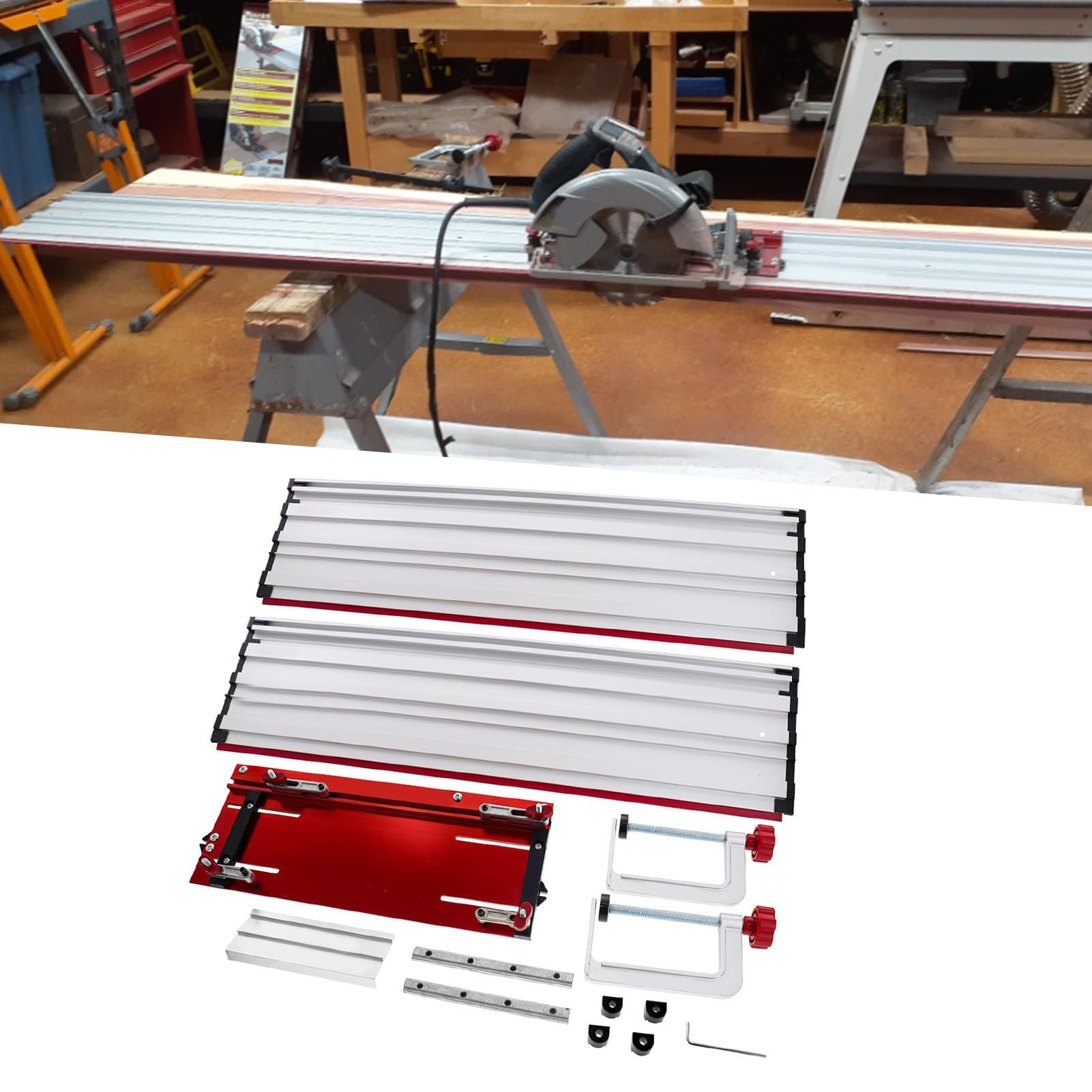Zestaw Prowadnic Do Piły Tarczowej 50 Cali, Zakres Cięcia, Prosta Aluminiowa Prowadnica Do Piły Tarczowej Z Regulowanym Zaciskiem, Zaciski Szybkozłączne, Wytrzymała Aluminiowa Do Piły 7-1/4