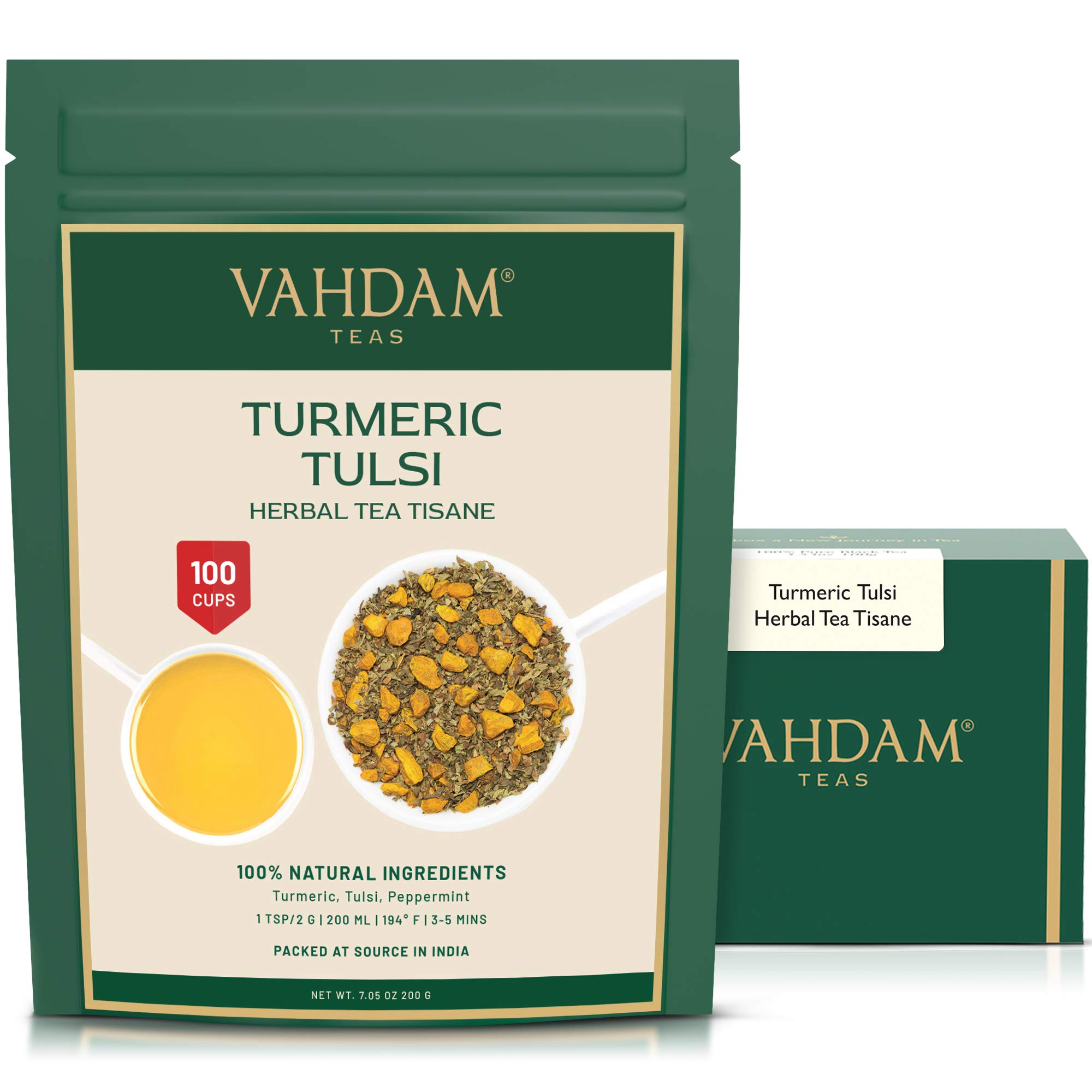 VAHDAM, Turmeric Tulsi Herbal Tea Loose Leaf (100 Cups), 200g | India’s Wonder Spice | Blend of Turmeric Tea & Tulsi | 100% Natural Tisane Tea | Brew as Hot or Iced Tea