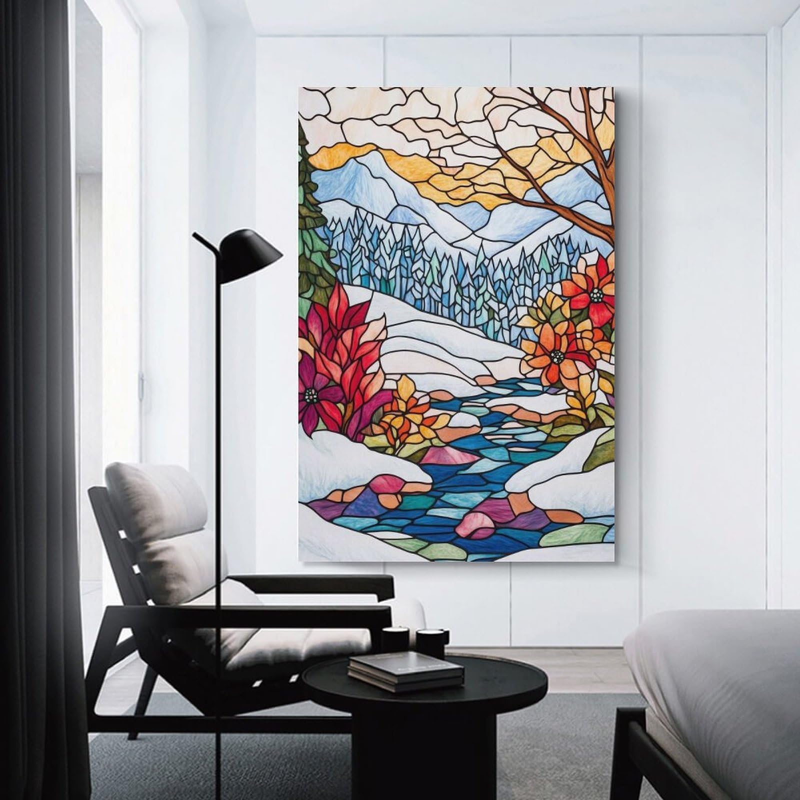 Junmoney Stained Glass Winter Landscape Canvas Wall Art, 08x12inch(20x30cm), for Wall Displays, Bedrooms Or Room Updates, Ideal for Building A Coordinated Art Wall