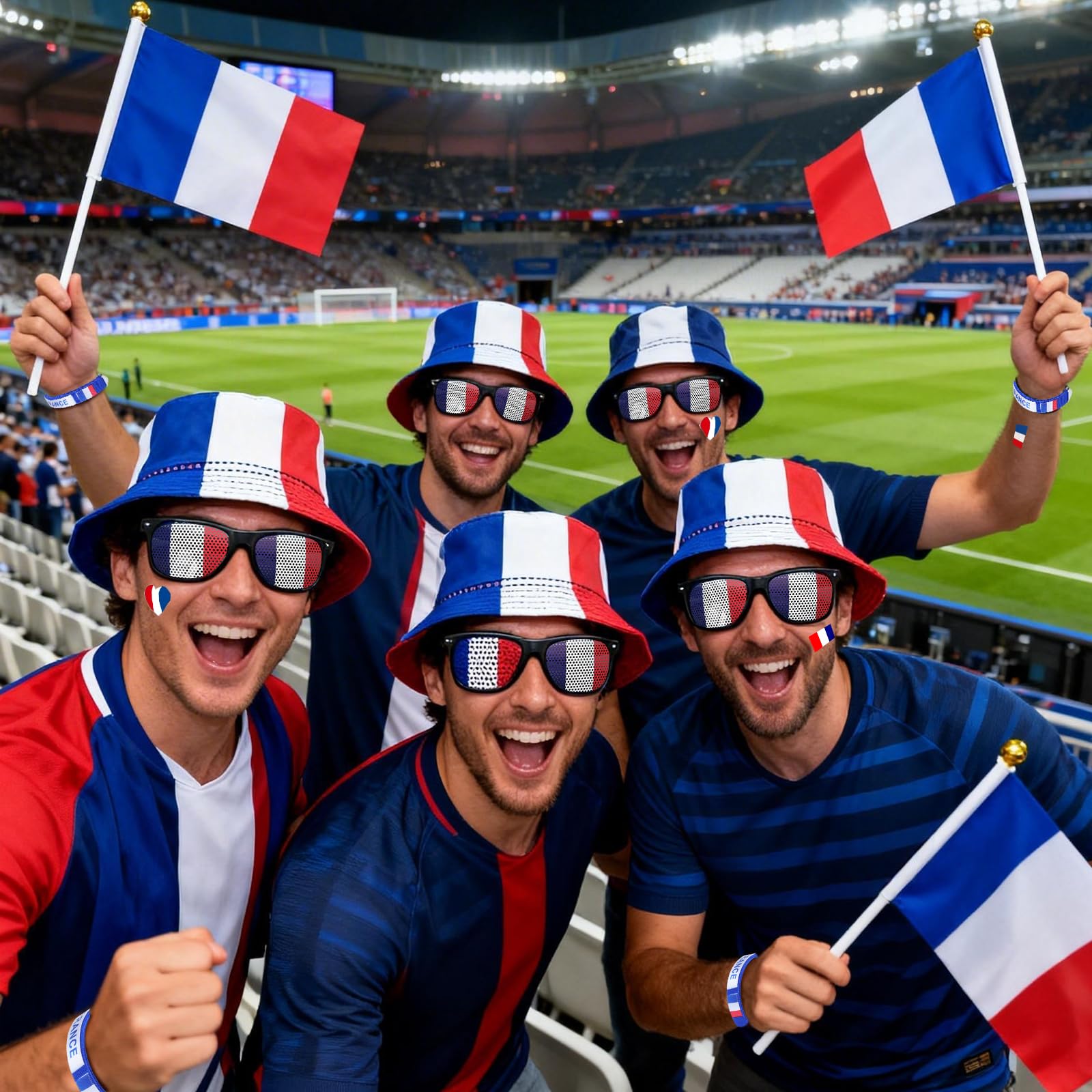 Kit Supporter France 8 Pièces Accessoires Tricolores Chapeau Lunettes Drapeaux Bracelet Autocollants Bleu Blanc Rouge Maillot Equipe De France Foot 2026