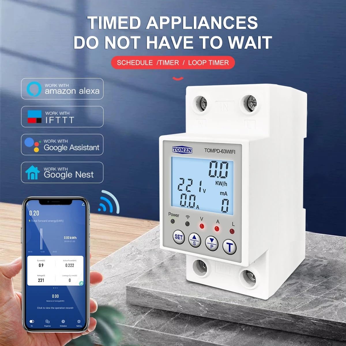 Diferencial Auto Rearmable,Diferencial Interruptor TOMPD-63 WFI de 63 A, Smartlife TUYA, disyuntor, medidor de energía, temporizador con protección contra voltaje, corriente y fugas.(With backlight)