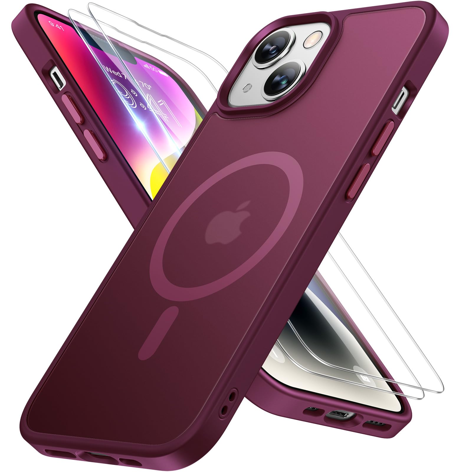 miracase Magnetic for iPhone 14 Case 6.1 inch (Compatible with MagSafe)（with 2X Screen Protectors） Military-Grade Protection, Anti-Fingerprint Translucent Matte Phone Case Cover, Wine Red