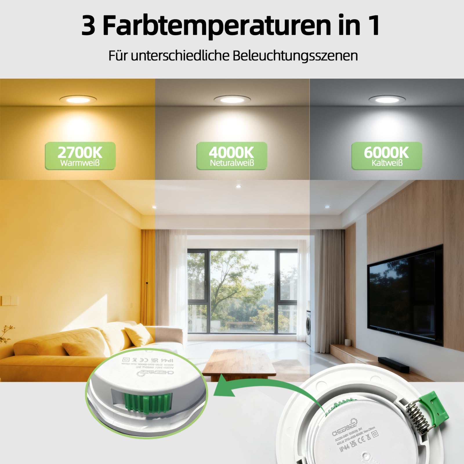 LED Einbaustrahler 230V Schwenkbar, 3W LED Spots 450LM, Deckenspots Warmweiß 2700K Neutralweiß 4000K Kaltweiß 6000K, IP44 LED Spots Badezimmer & Deckenspots, Ø70–80mm Nicht Dimmbar 12er Set