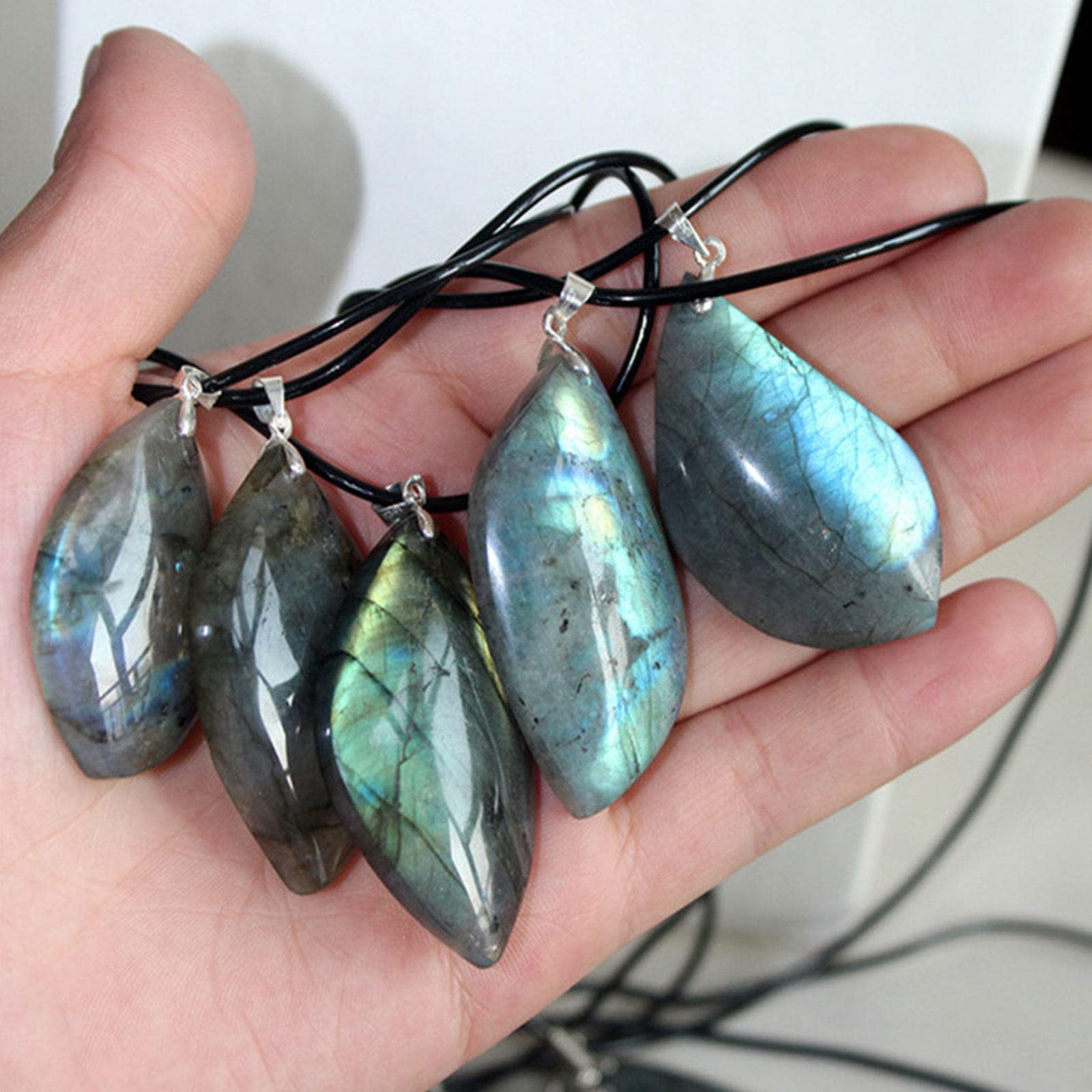 Collar de curación de Piedras, Collar de Cristal de curación de labradorita para Mujeres Hombres, Piedras Preciosas Naturales Colgante Regalo de Piedra de joyería de energía, En Forma de Hoja