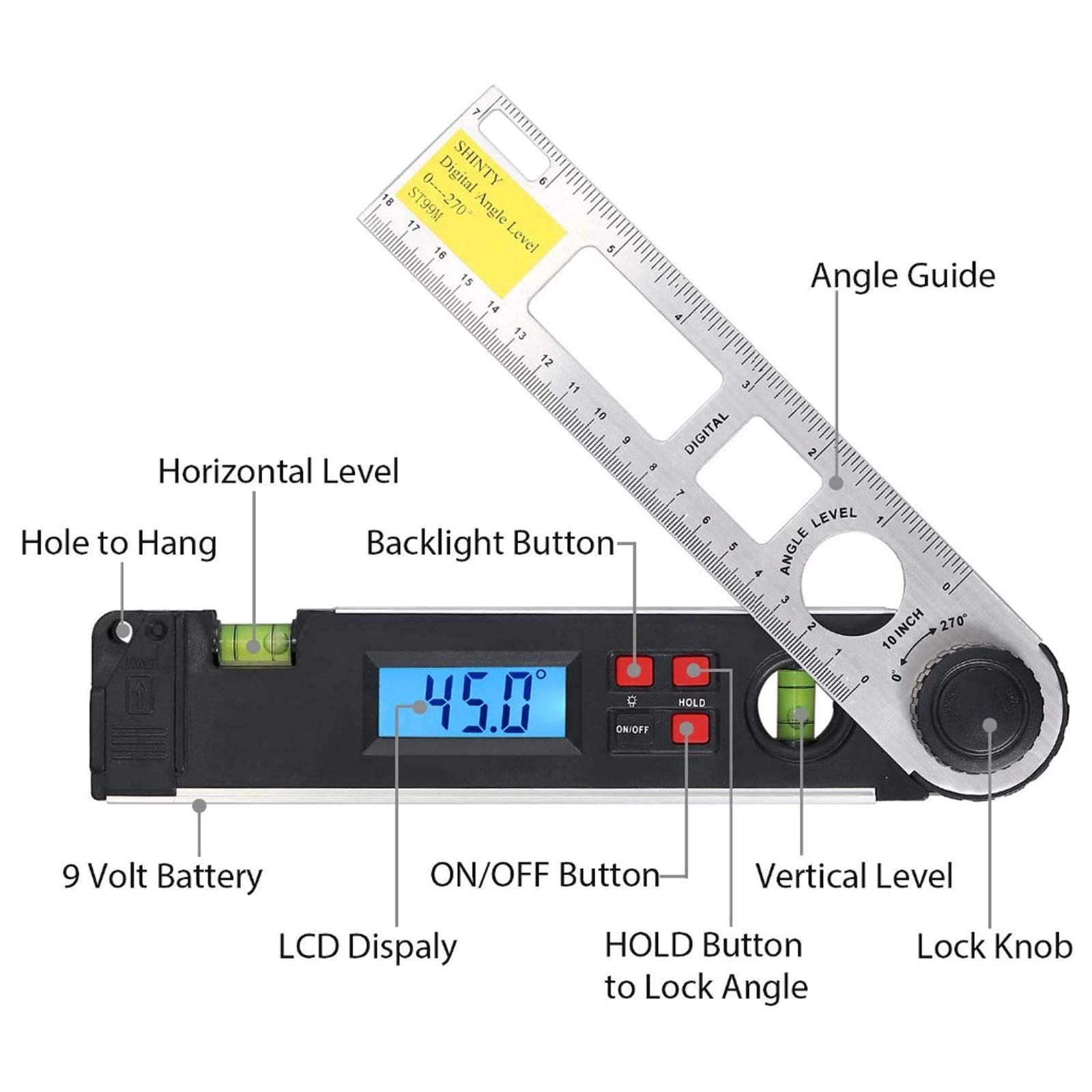 Buscador De Ángulo Digital 180Mm/7 Inch 0~270° Retroiluminado LCD Digital Inclinómetro Transportador Nivel De Ángulo Indicador Con Bolsa Portátil Para Industriales, Obras De Renovación