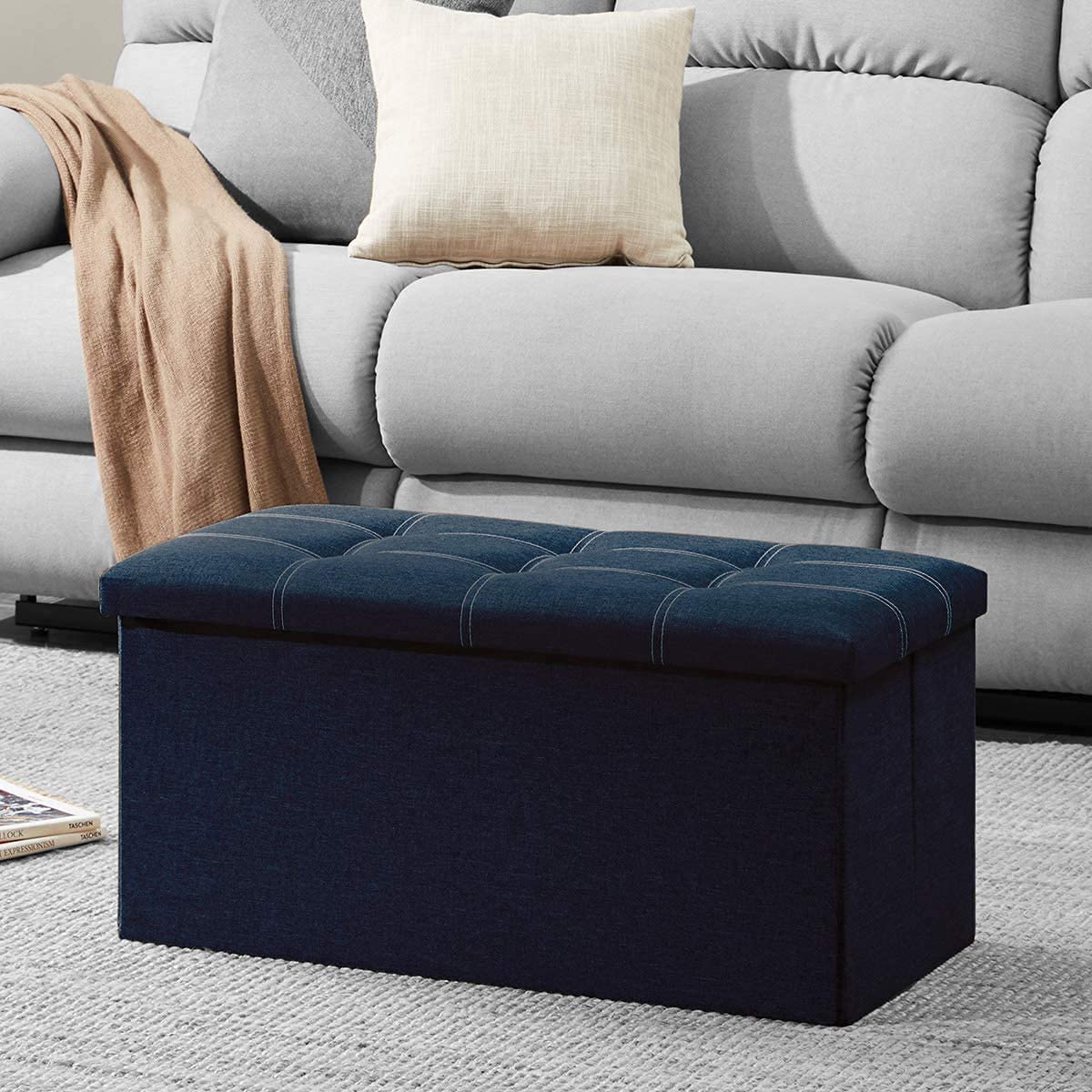 Mofish 15/30 inches Storage Ottoman Cube, Foldable Storage Boxes Footrest Step Stool, Padded Seat for Dorm Living Room, Support 350lbs, Line Fabric (Blue)