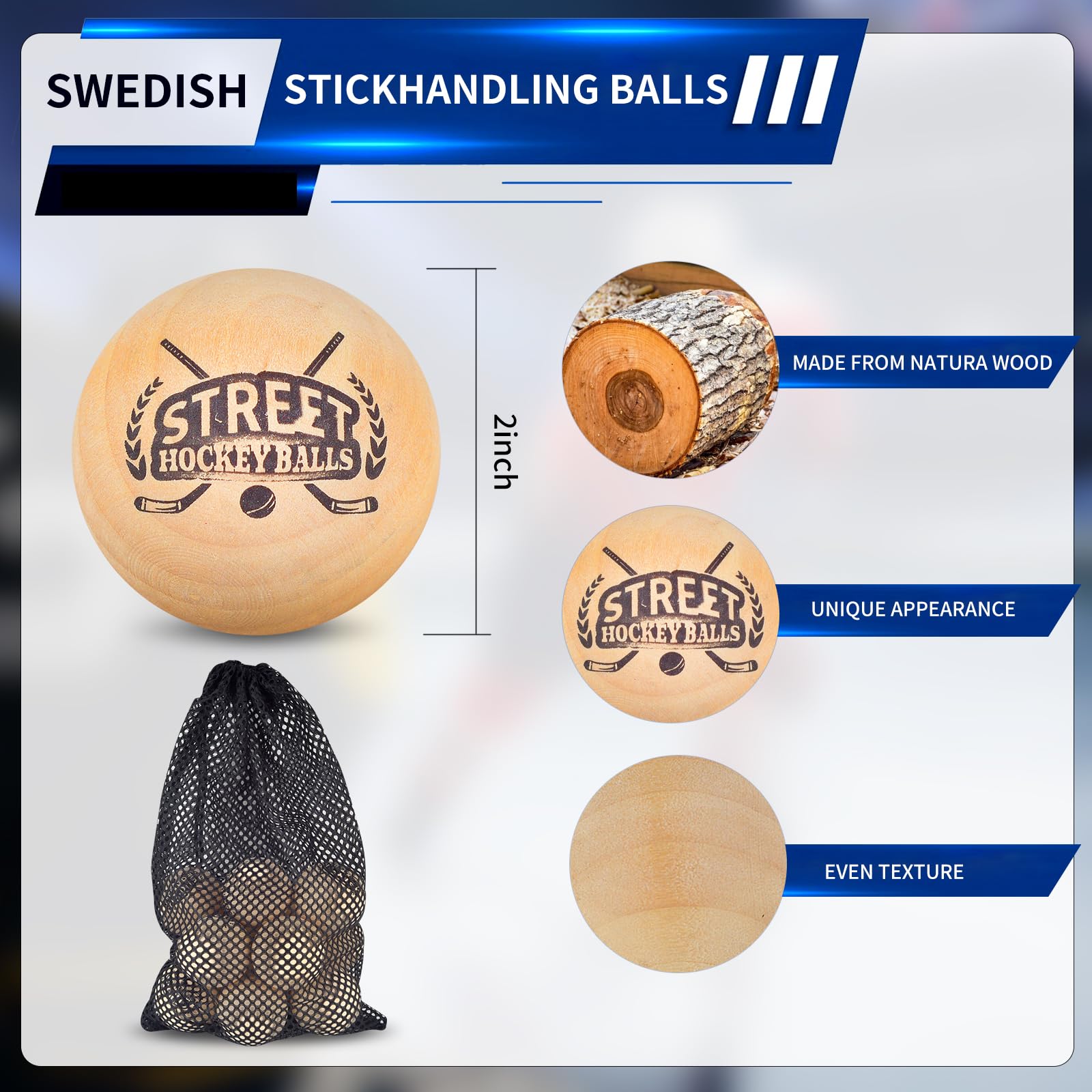 12 Pack Swedish Stickhandling Balls - Street Hockey Balls, Hardwood No Bounce Floorball Training Equipment with Bag, 2 Inch Diameter