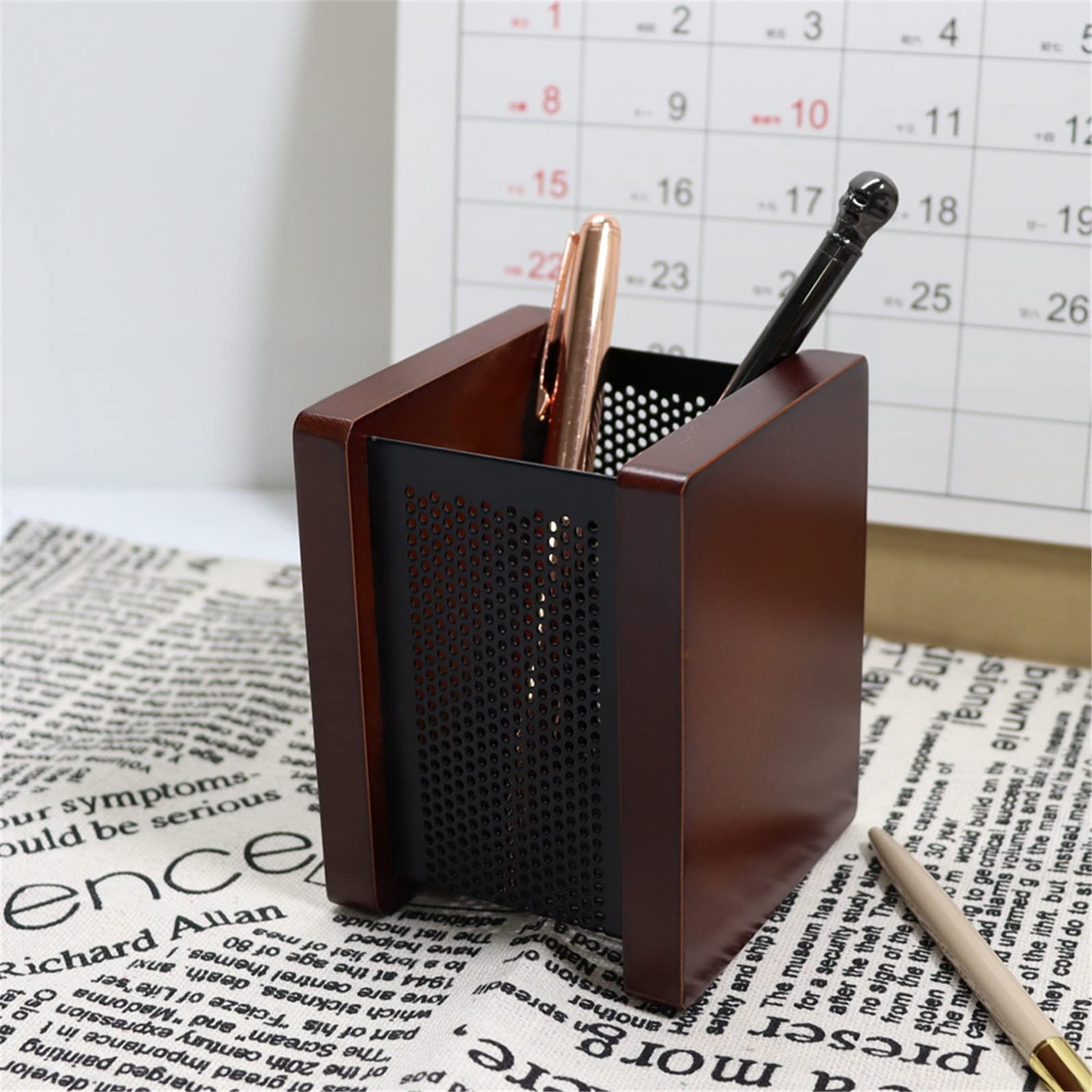 Porte Crayons en Bois Porte-stylo en bois Casseport de porte-stylo métal pour Bureau(marron)