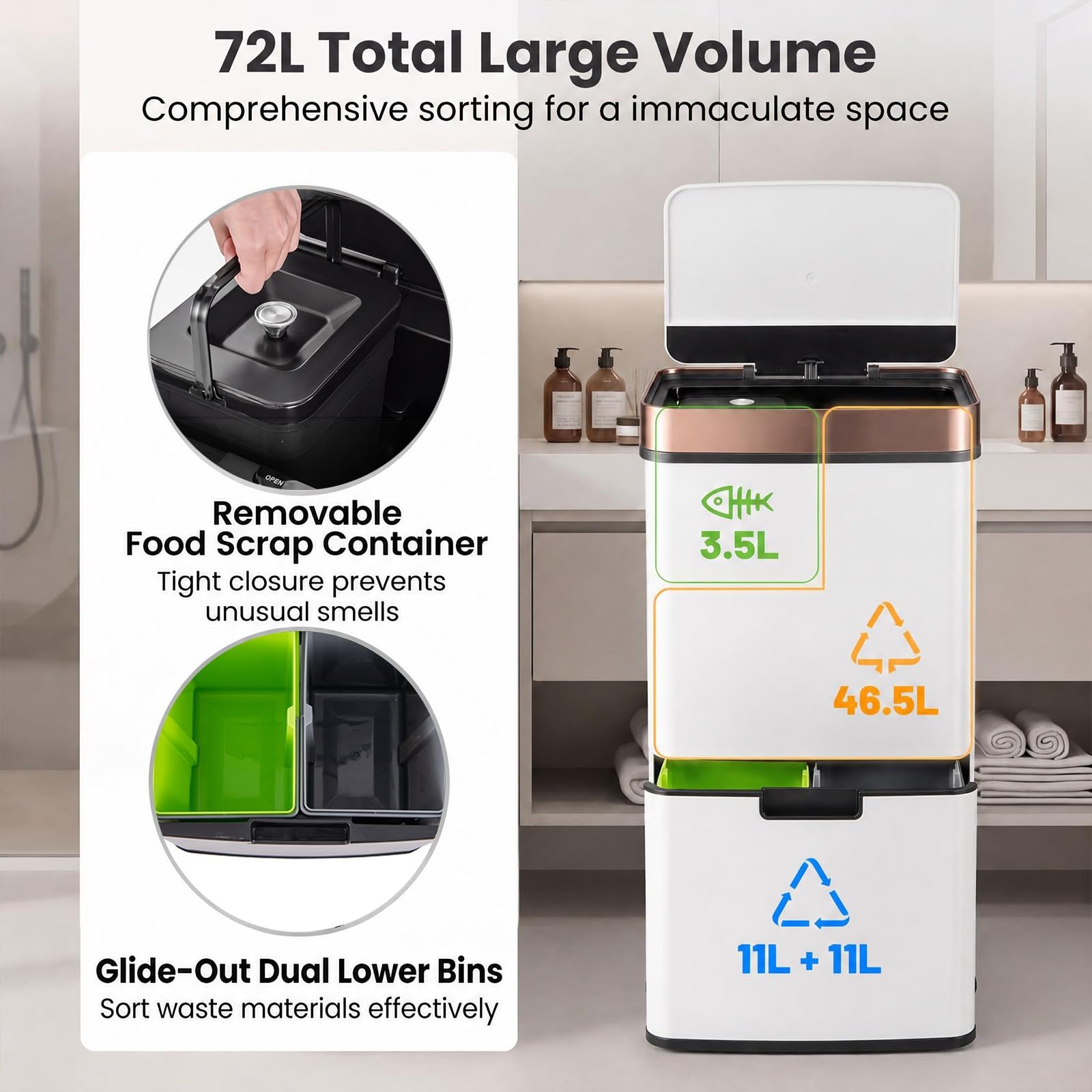 LIFEZEAL 72L - Cubo de basura con 4 compartimentos, recogida selectiva, apertura automática, sensor de infrarrojos, acero inoxidable, cubos diferenciados interiores, cubo de basura, cocina (blanco)