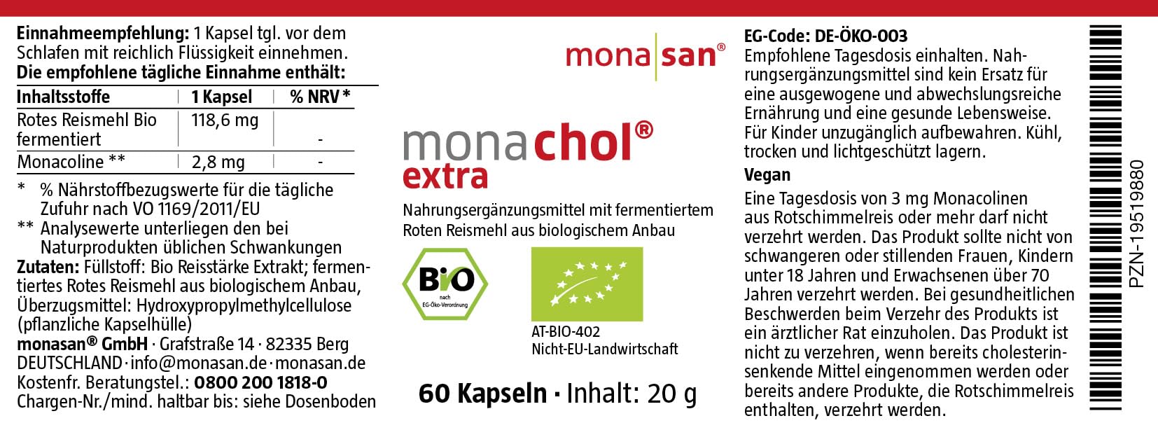 MONASAN monachol® extra BIO-zertifiziert Fermentierter Roter Reis 60 Stück | 2,8 mg Monacoline pro Kapsel, Vegan, Biozertifiziert DE-ÖKO-003, Citrininfrei, Laborgeprüft, Bedarf 2 Monate