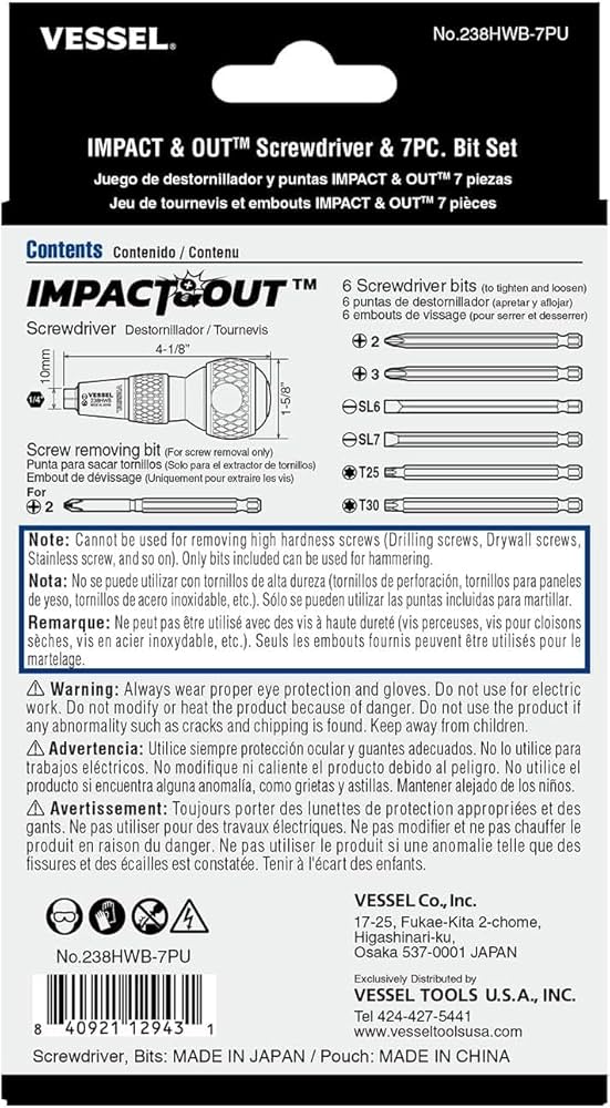 USA Official) Impact & Out Screwdriver with 7pcs bits and Pouch