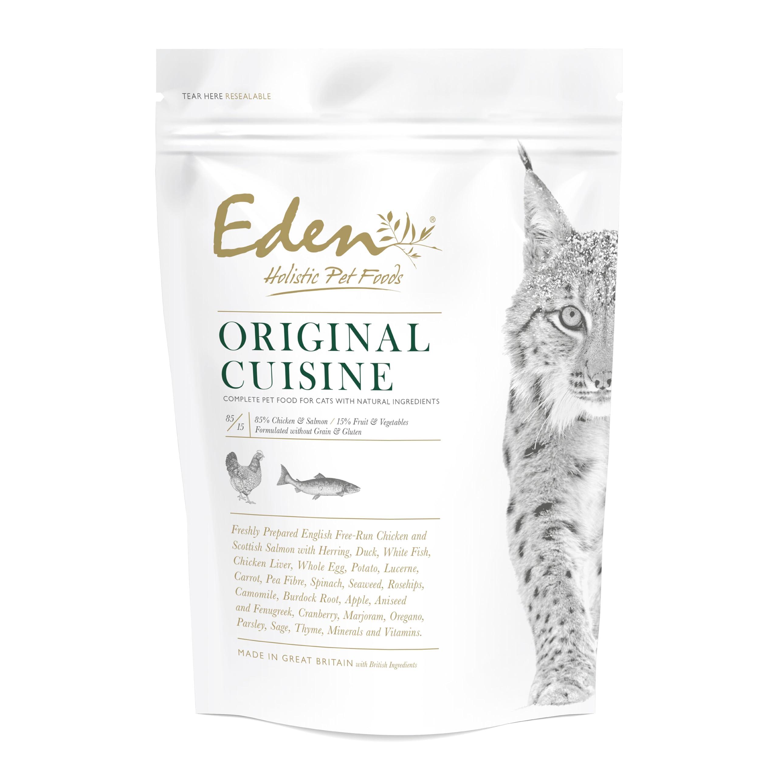 Eden Original Cuisine 85/15, 400g Kibble. Naturally Complete Premium Dry Cat Food for Kittens, Adult & Senior Cats. Chicken, Scottish salmon, North Atlantic herring, Suffolk duck.