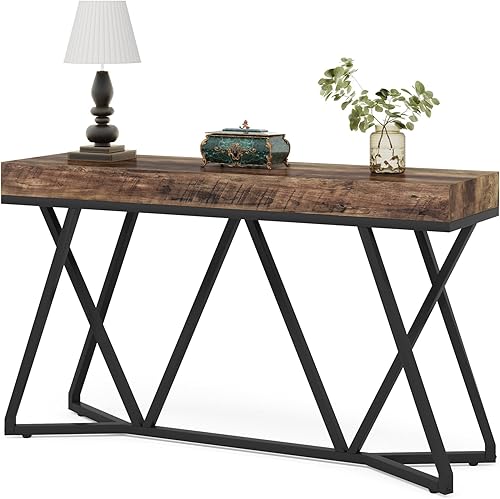 Miniatura 8 de Tribesigns Mesa de consola de 55 pulgadas, mesa de sofá de granja de madera con base de metal única, mesa de vestíbulo, mesa decorativa industrial