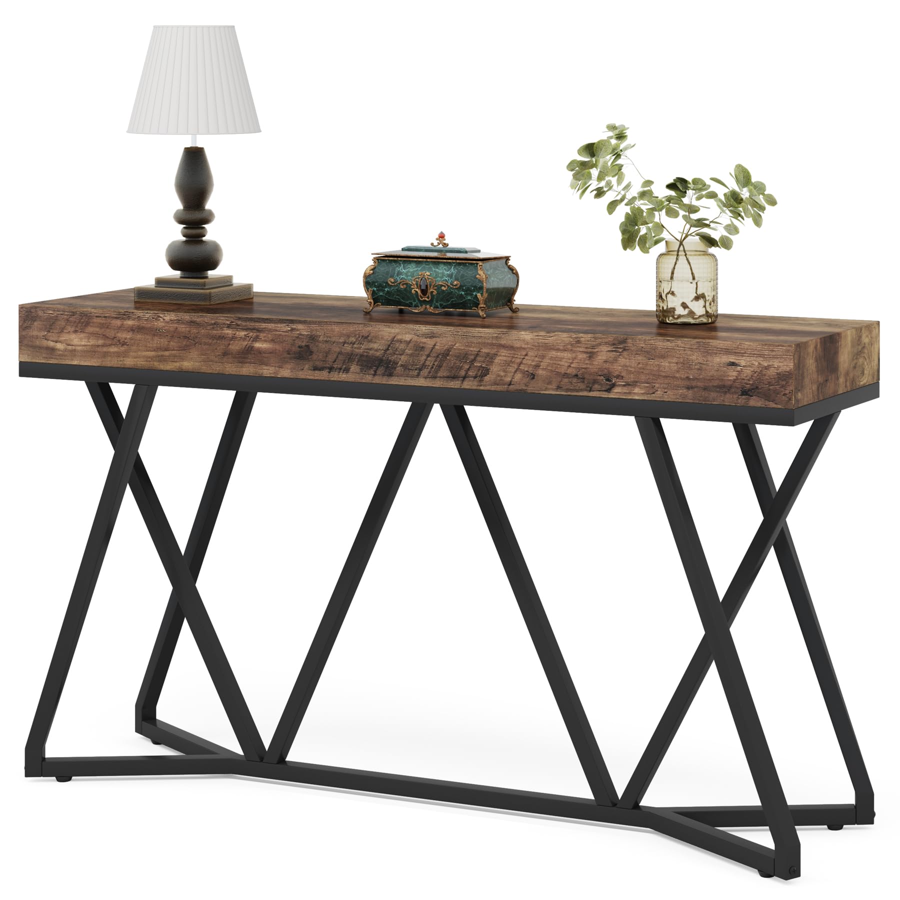 Tribesigns Mesa consola de 140 cm, sofá de granja, mesa de entrada con base metálica única, mesa de exhibición, mesa de vestíbulo, mesa de pasillo industrial para pasillo, salón (marrón)