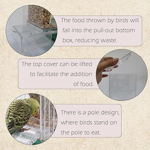 Miniatura 4 de IBWell Comedero automático para pájaros sin desorden para jaula - Comedero para loros dentro de la jaula con percha transparente y contenedor de