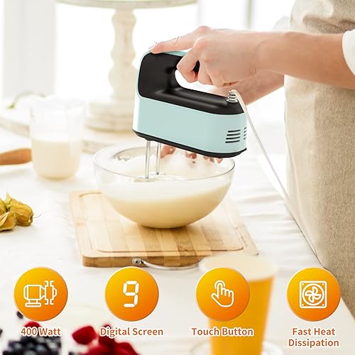 Miniatura 82 de Batidora de mano digital de 9 velocidades, potente motor de CC de 400 W, batidora de mano para hornear con estuche de almacenamiento a presión, 5